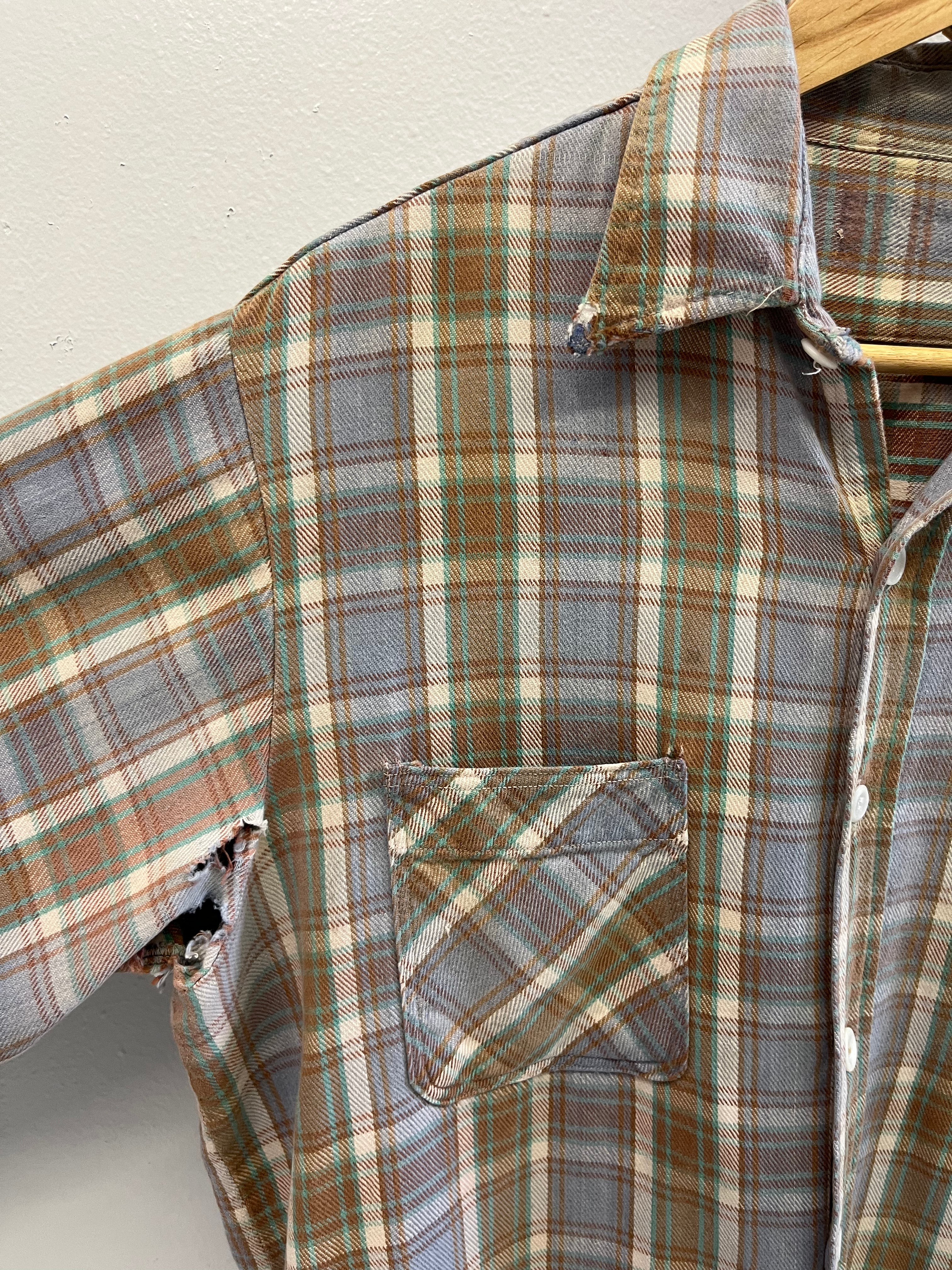1960/70s Faded & Distressed Cotton Flannel - Periwinkle/Brown/Seafoam - L