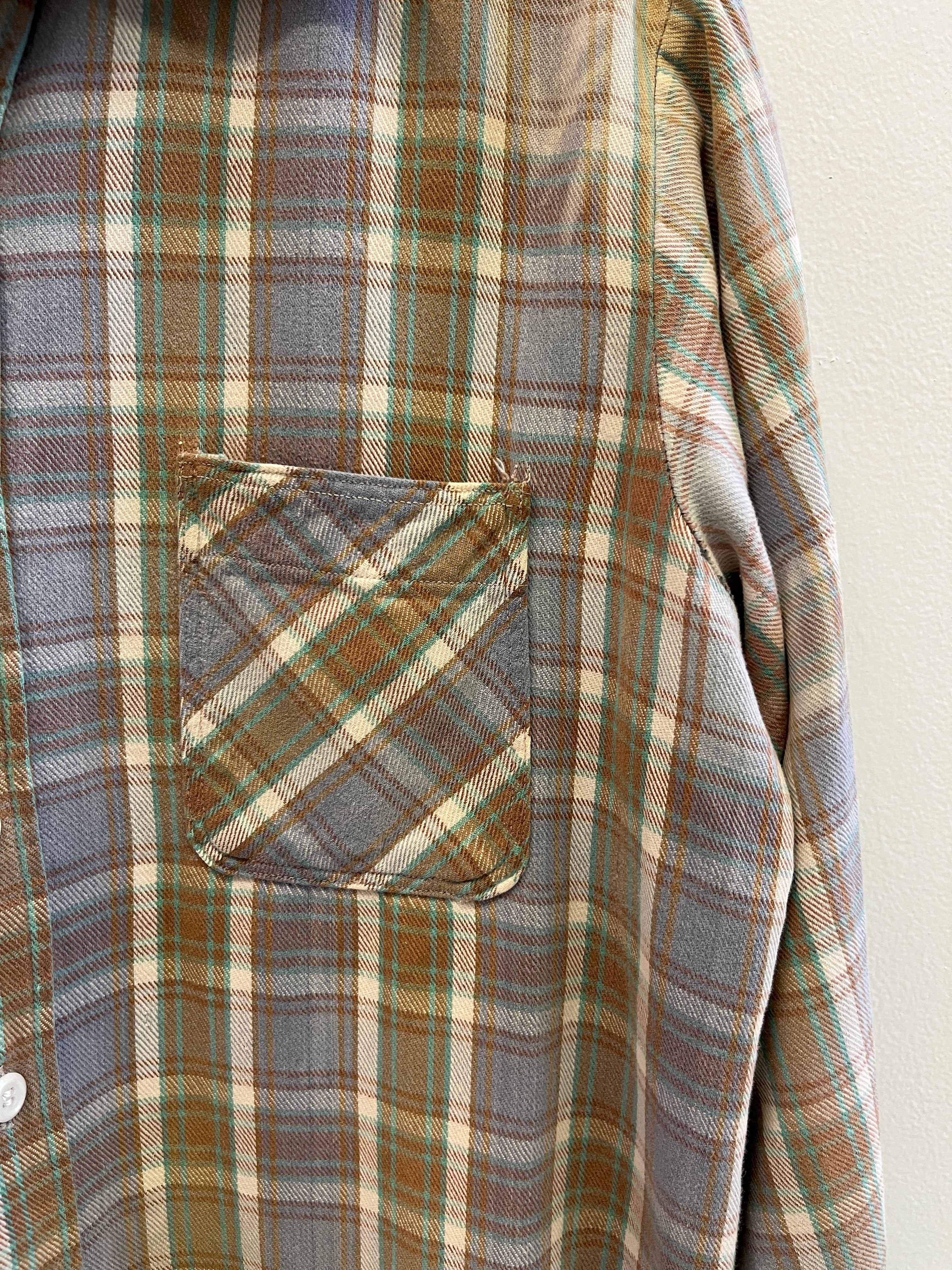 1960/70s Faded & Distressed Cotton Flannel - Periwinkle/Brown/Seafoam - L