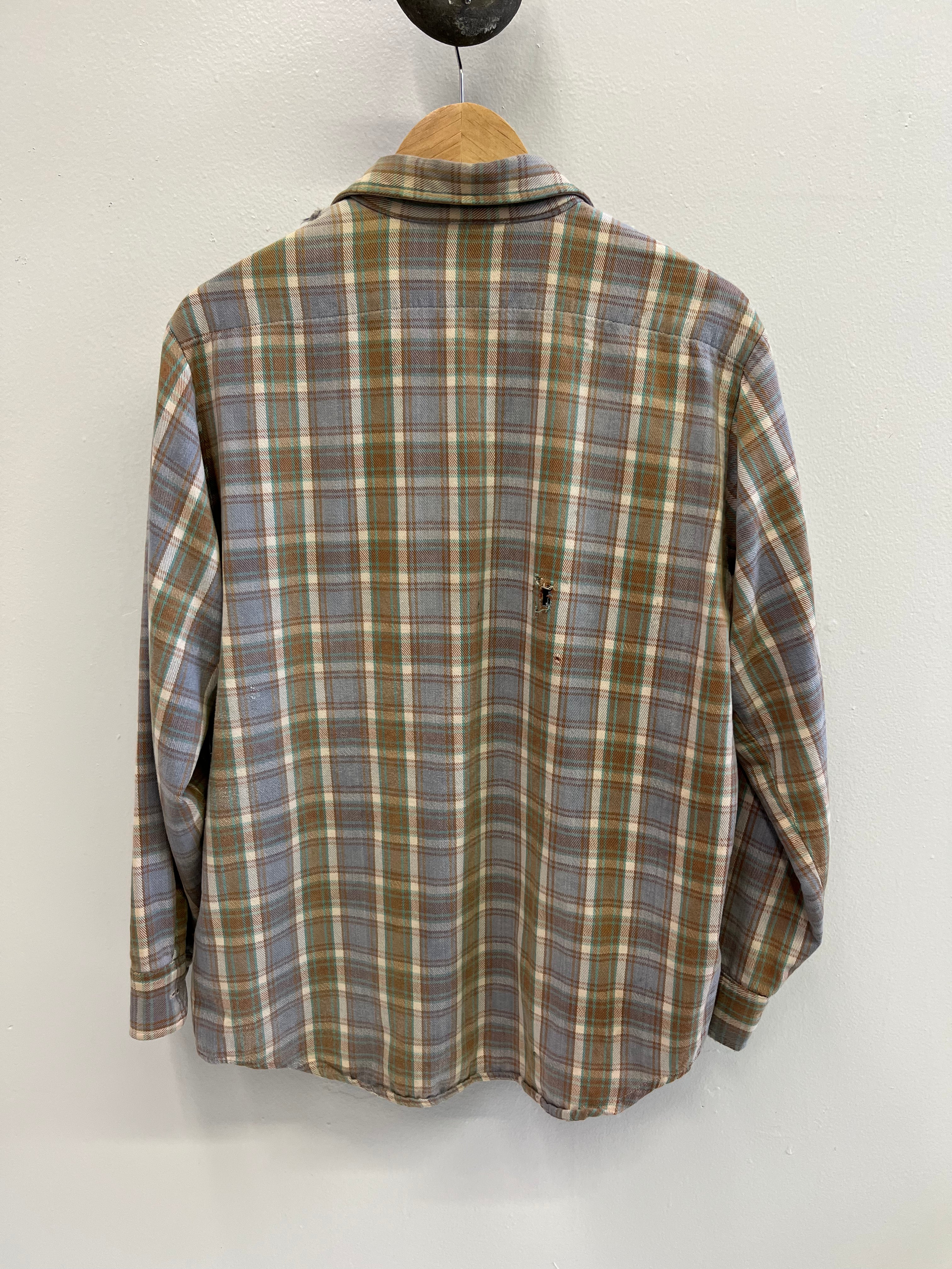 1960/70s Faded & Distressed Cotton Flannel - Periwinkle/Brown/Seafoam - L