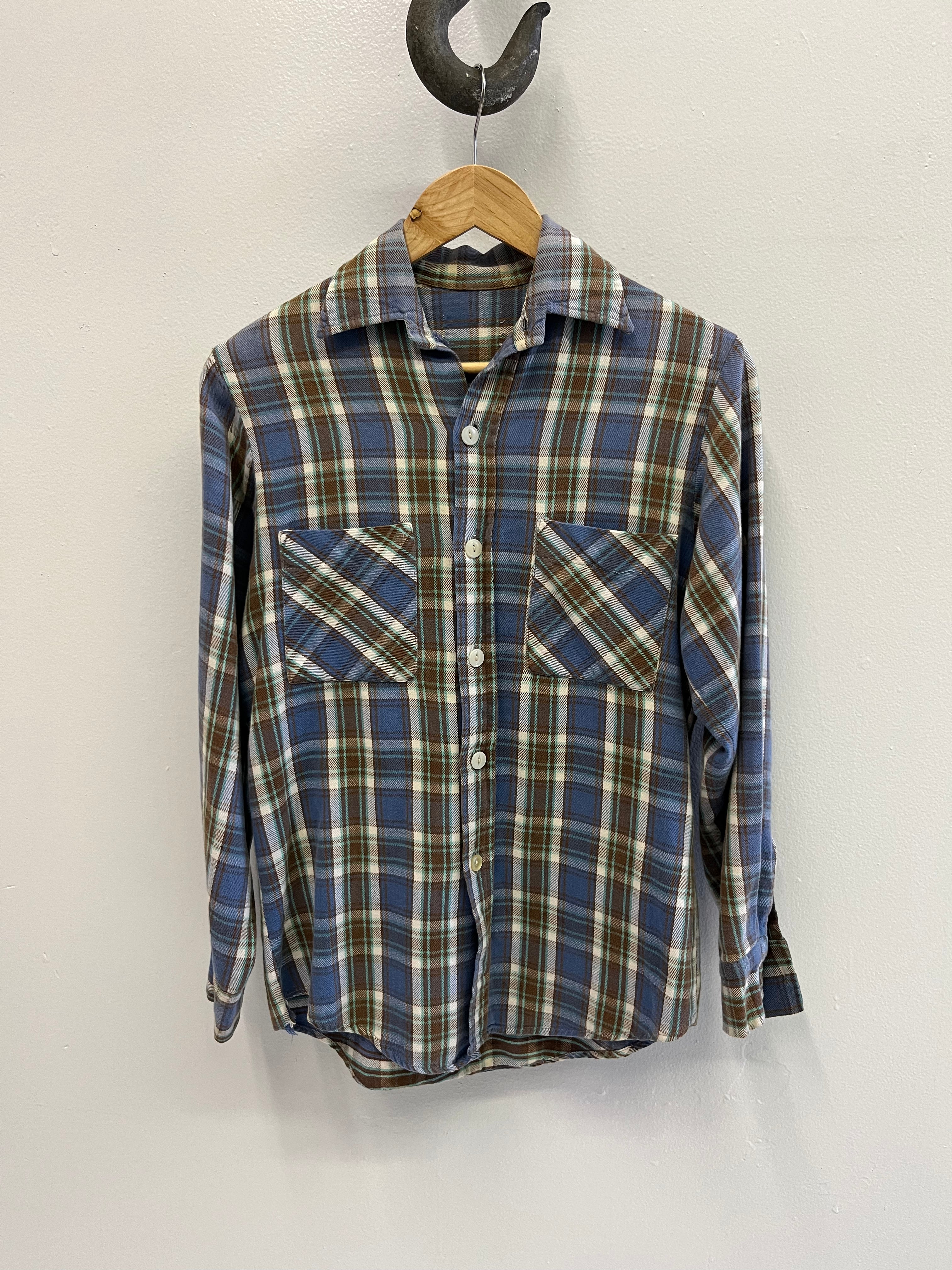 1960/70s Cotton Flannel - Blue/Brown/Seafoam - S/M