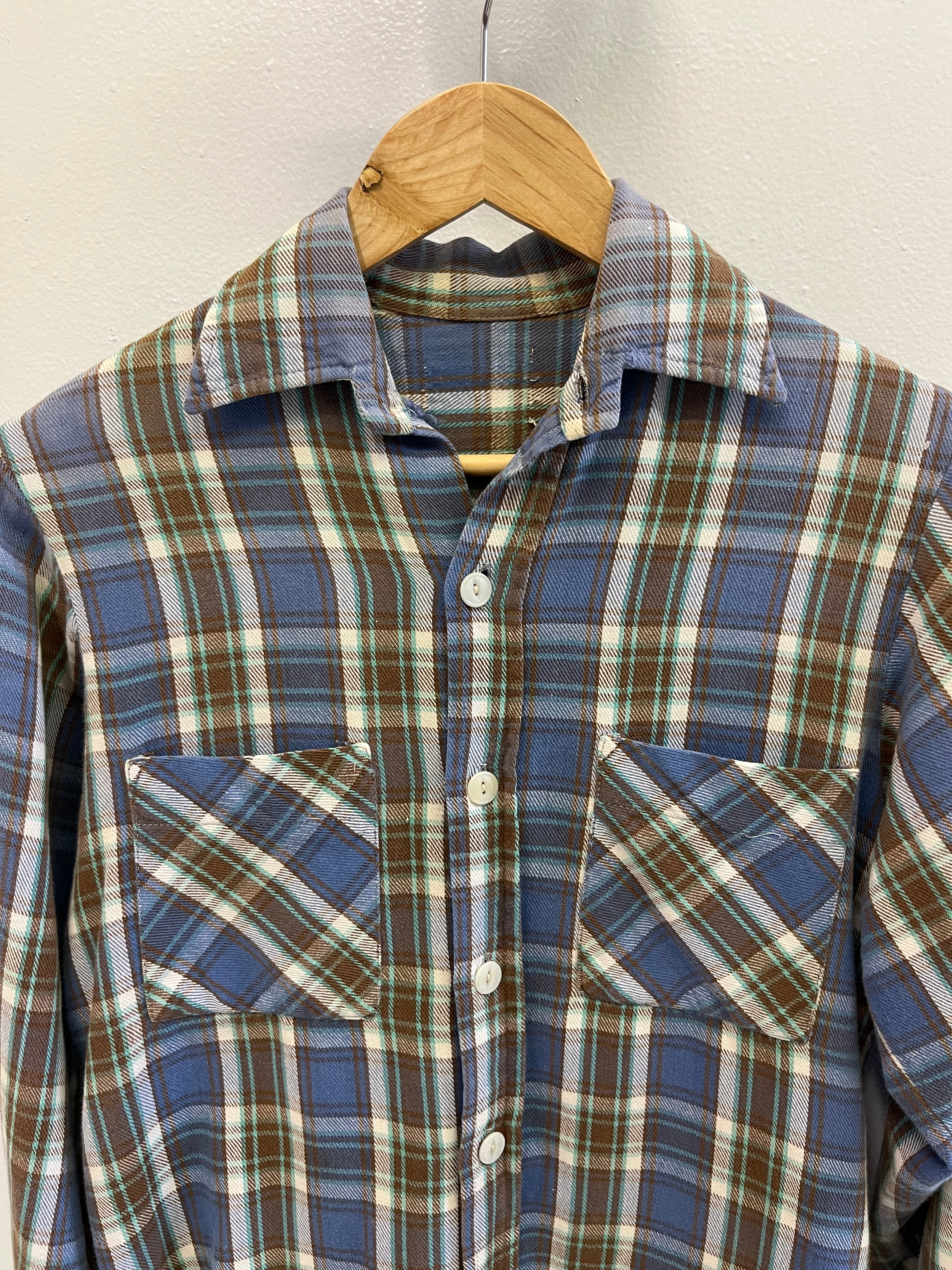 1960/70s Cotton Flannel - Blue/Brown/Seafoam - S/M
