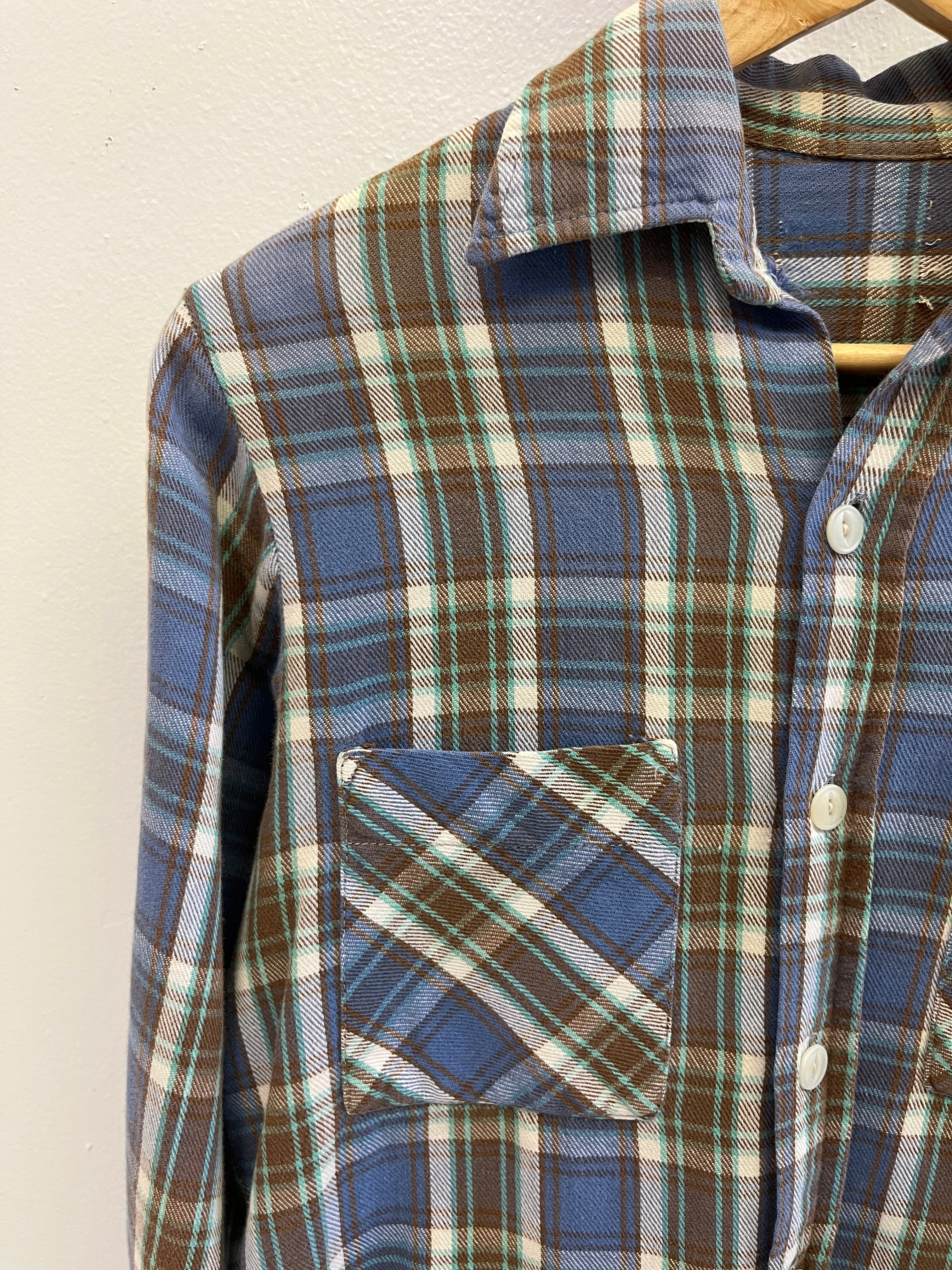 1960/70s Cotton Flannel - Blue/Brown/Seafoam - S/M