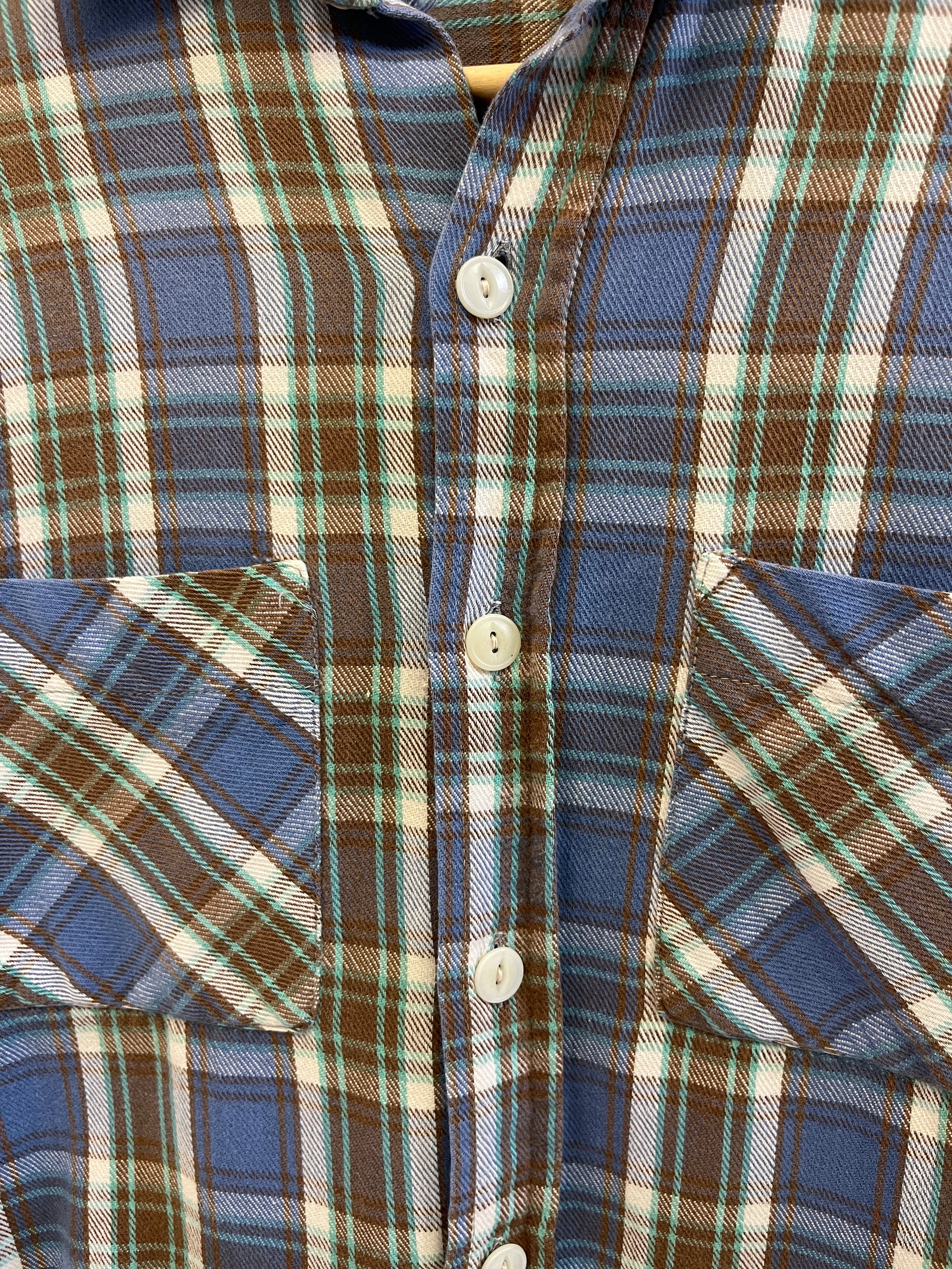 1960/70s Cotton Flannel - Blue/Brown/Seafoam - S/M