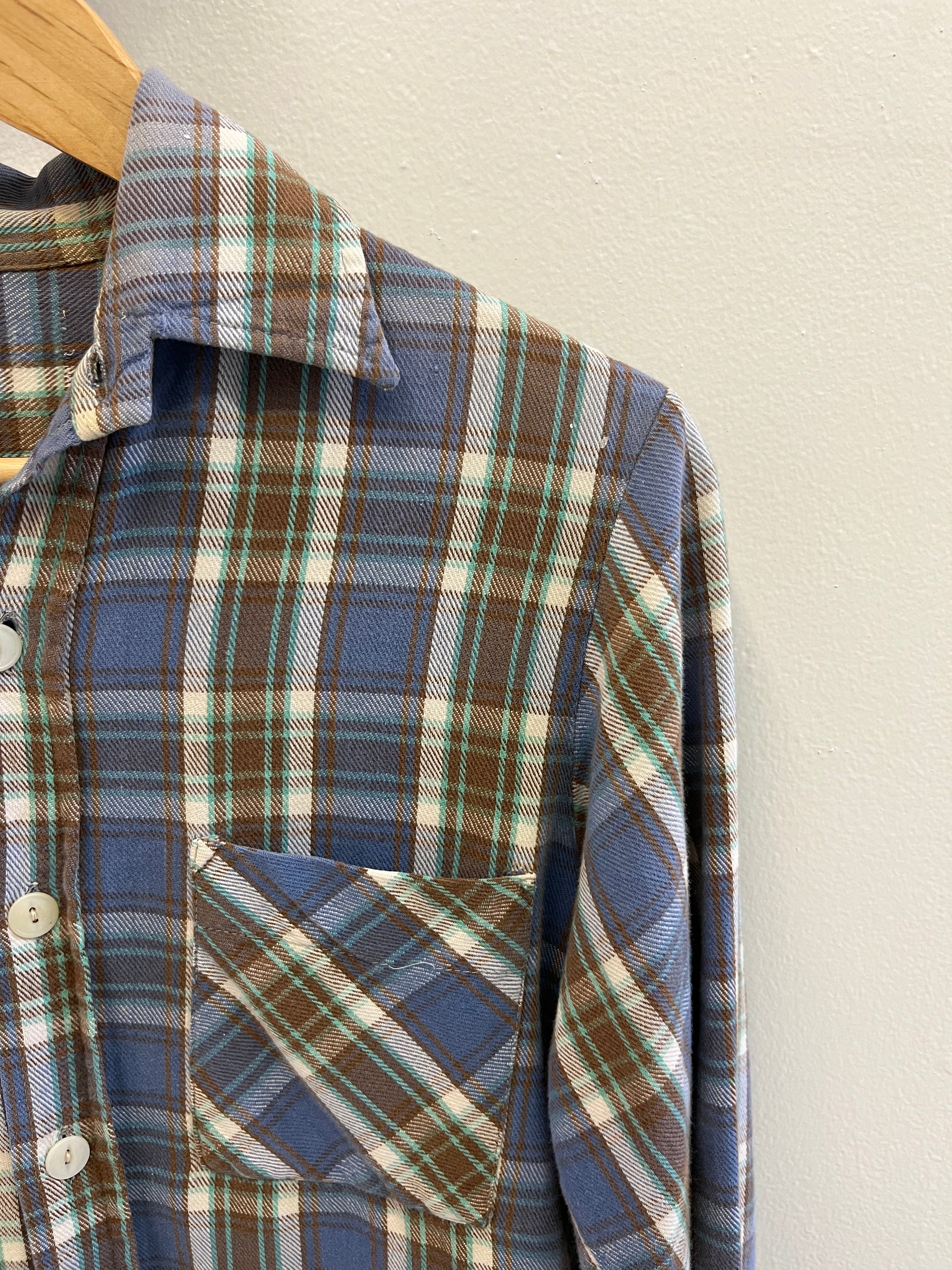 1960/70s Cotton Flannel - Blue/Brown/Seafoam - S/M