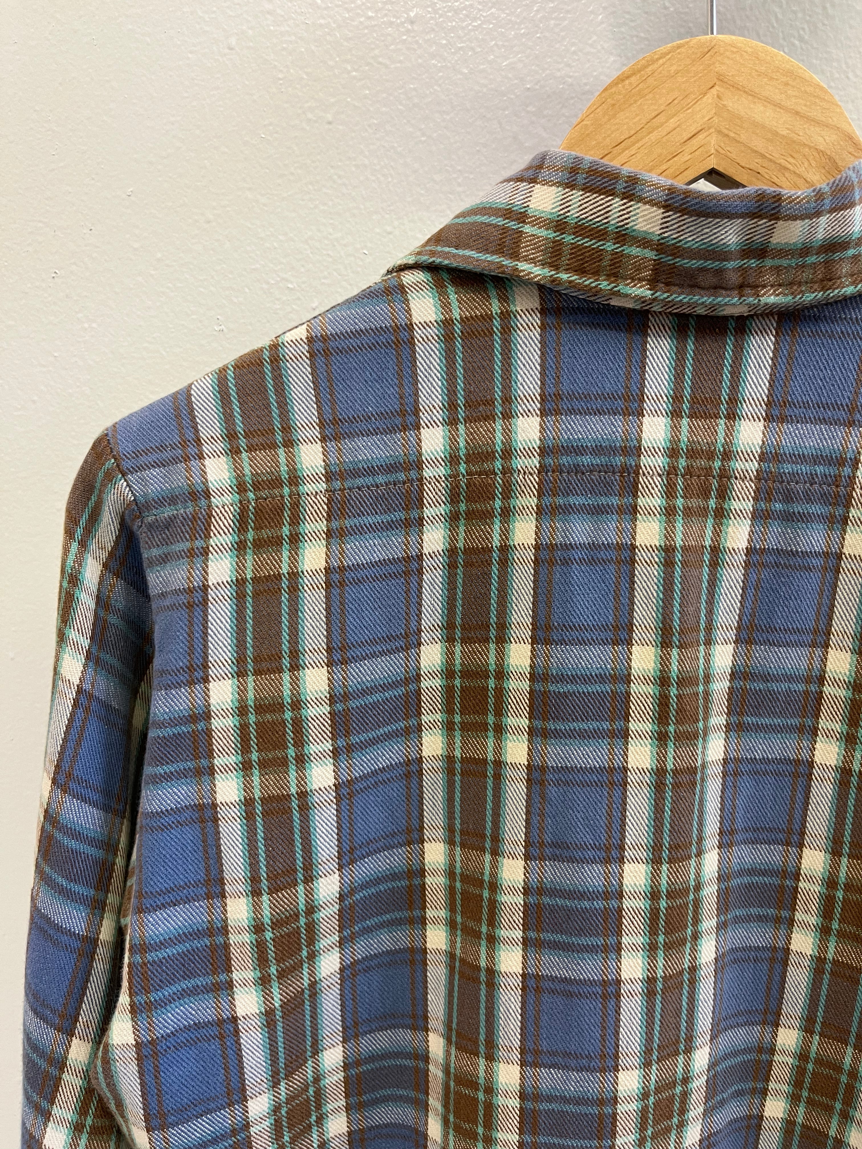1960/70s Cotton Flannel - Blue/Brown/Seafoam - S/M