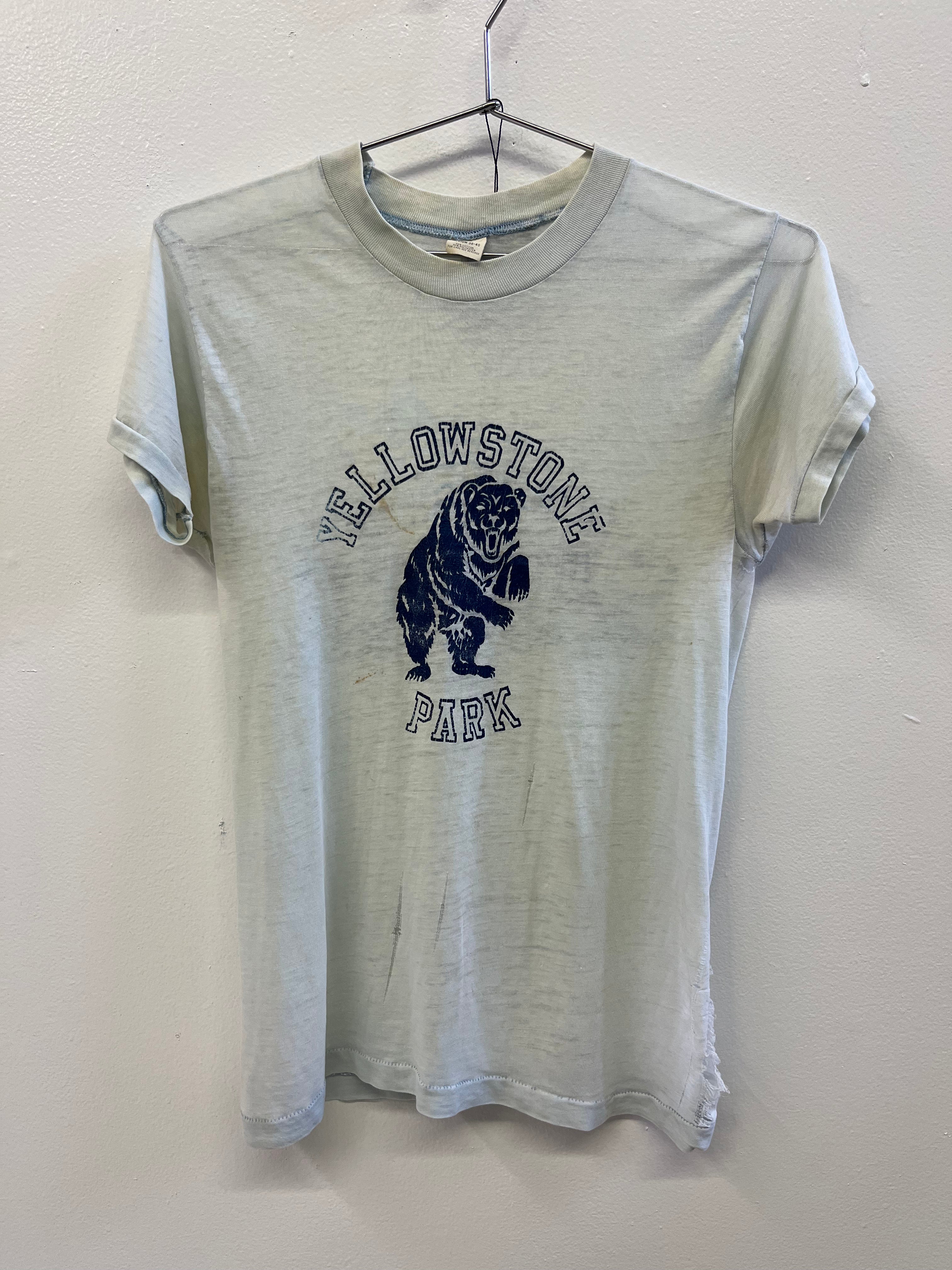 1970s Yellowstone Park 'Savage' Distressed T-Shirt - Faded Ice Blue - S/M