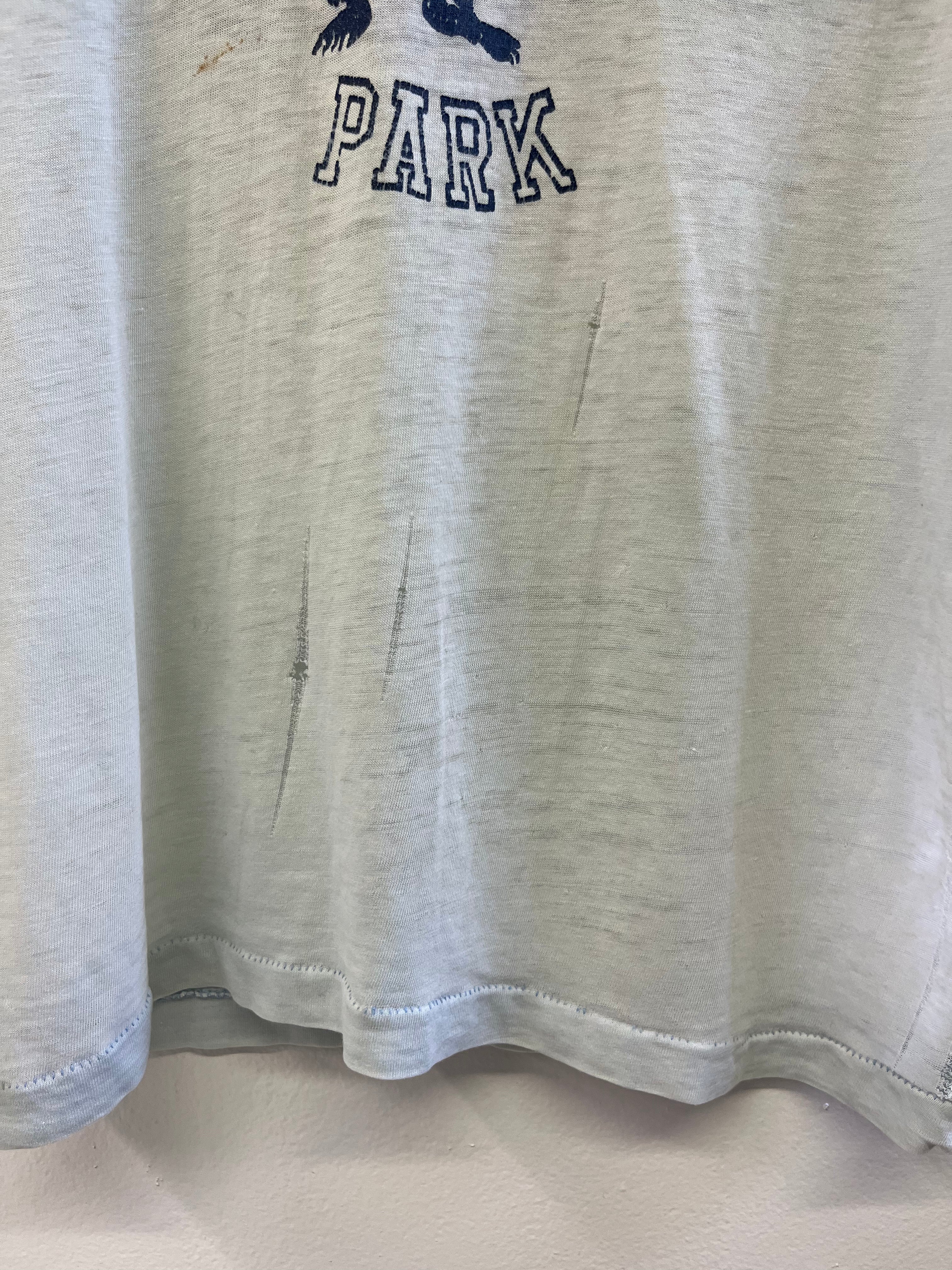 1970s Yellowstone Park 'Savage' Distressed T-Shirt - Faded Ice Blue - S/M