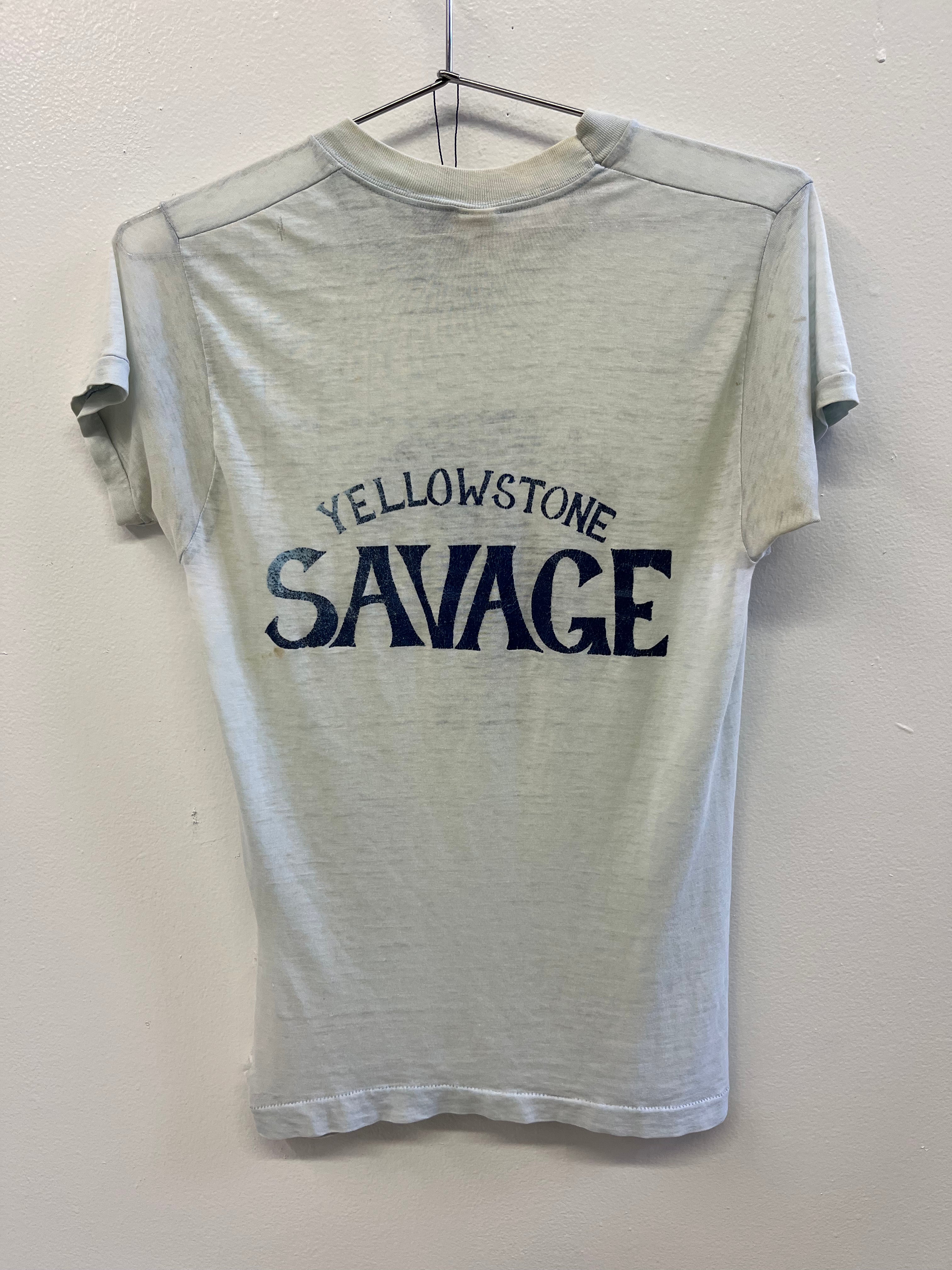 1970s Yellowstone Park 'Savage' Distressed T-Shirt - Faded Ice Blue - S/M