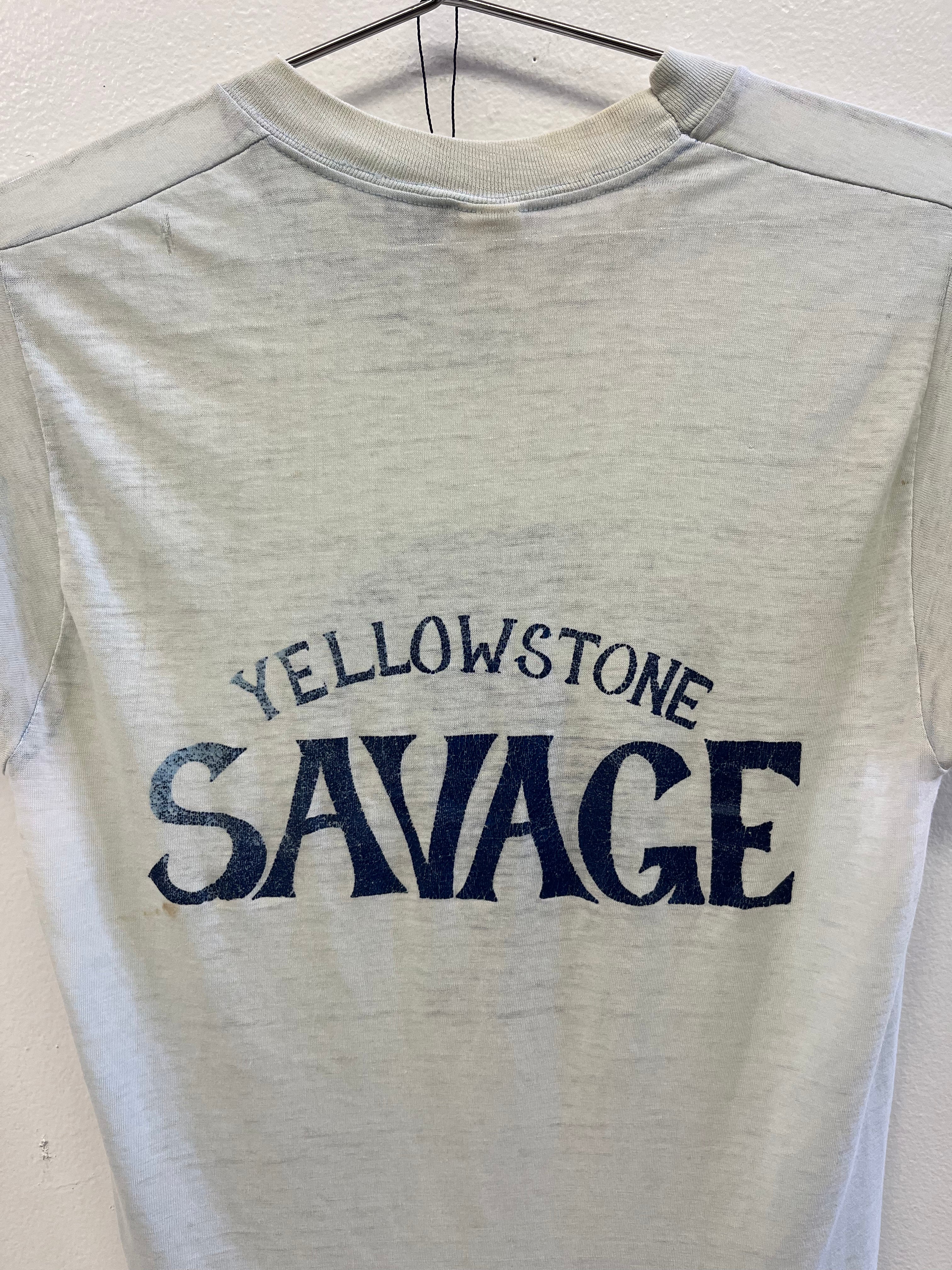 1970s Yellowstone Park 'Savage' Distressed T-Shirt - Faded Ice Blue - S/M