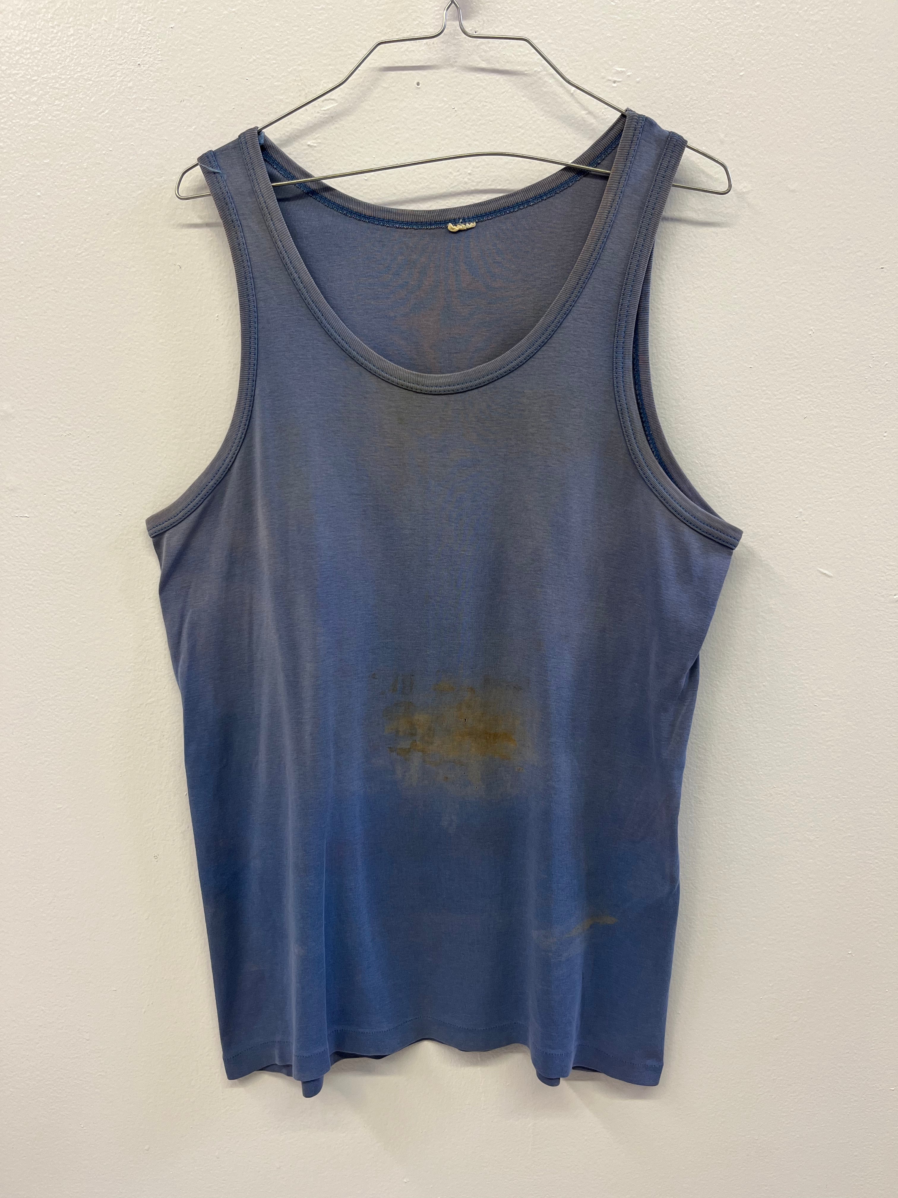 1960s Distressed & Faded French Work Tank - Faded Dark Cornflower Blue - L