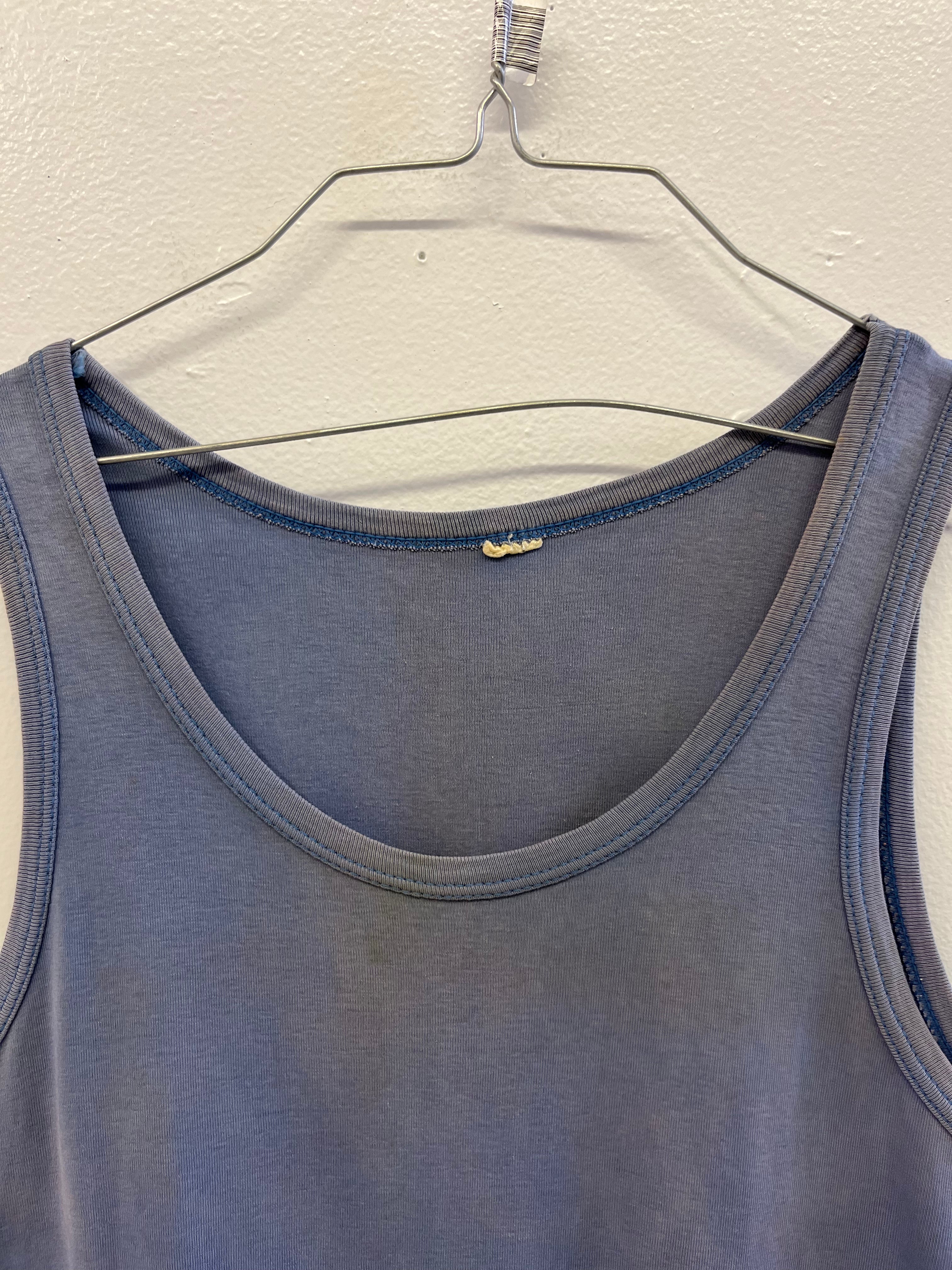 1960s Distressed & Faded French Work Tank - Faded Dark Cornflower Blue - L