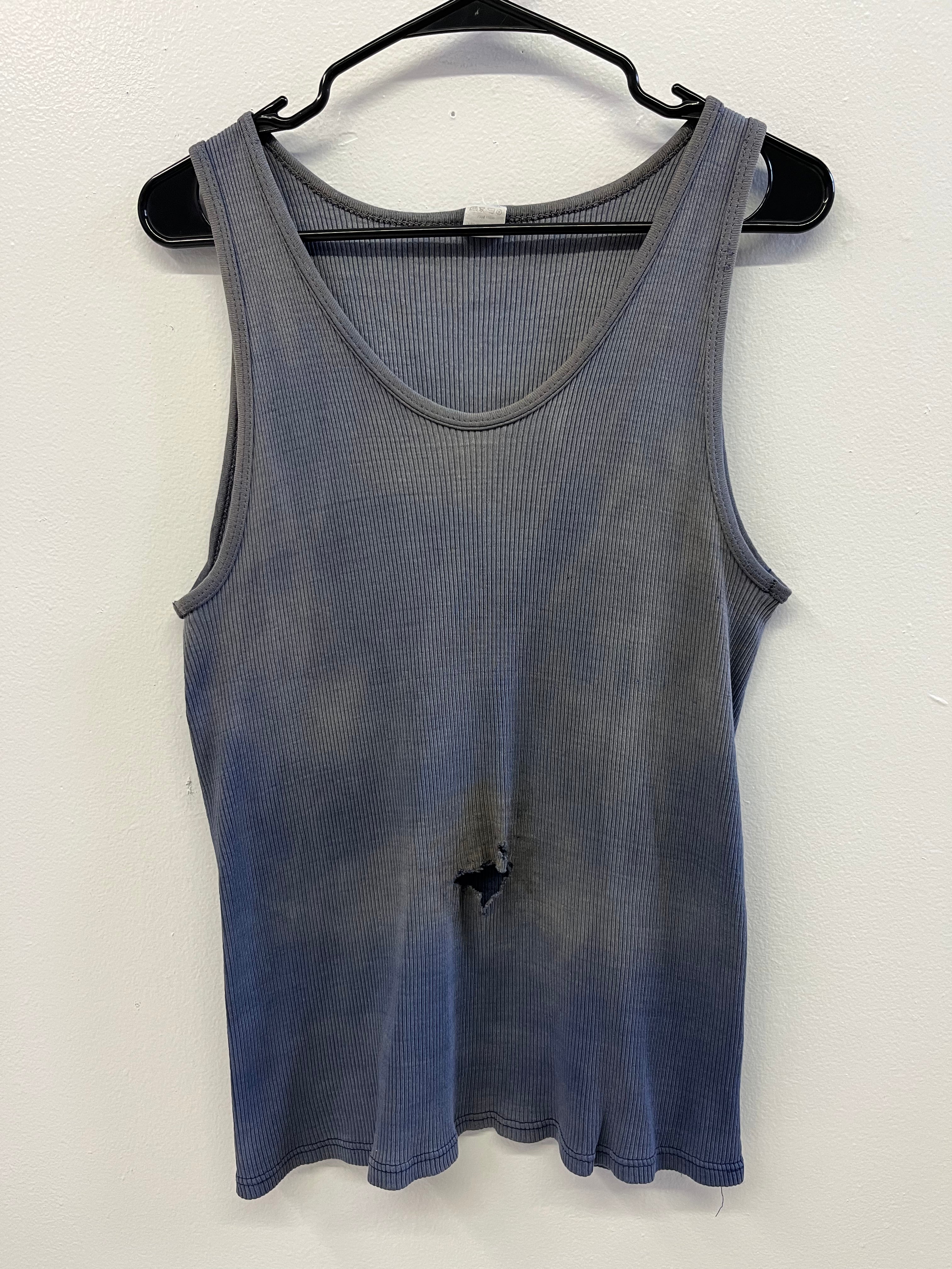 1960/70s Distressed French Ribbed Work Knit Tank - Faded Dark Cornflower Blue - M/L