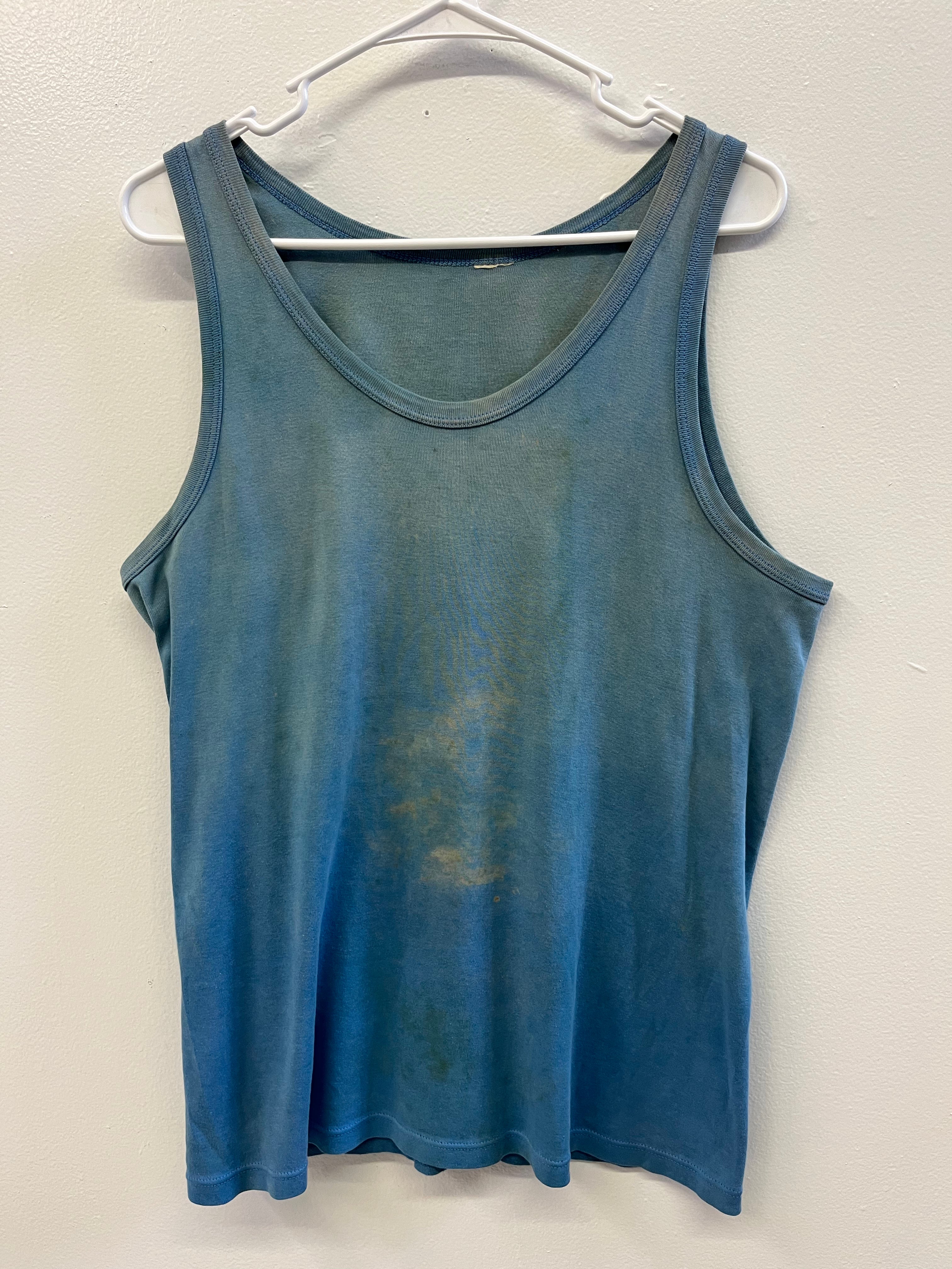 1960/70s Distressed & Stained French Work Tank - Faded Turquoise - L/XL
