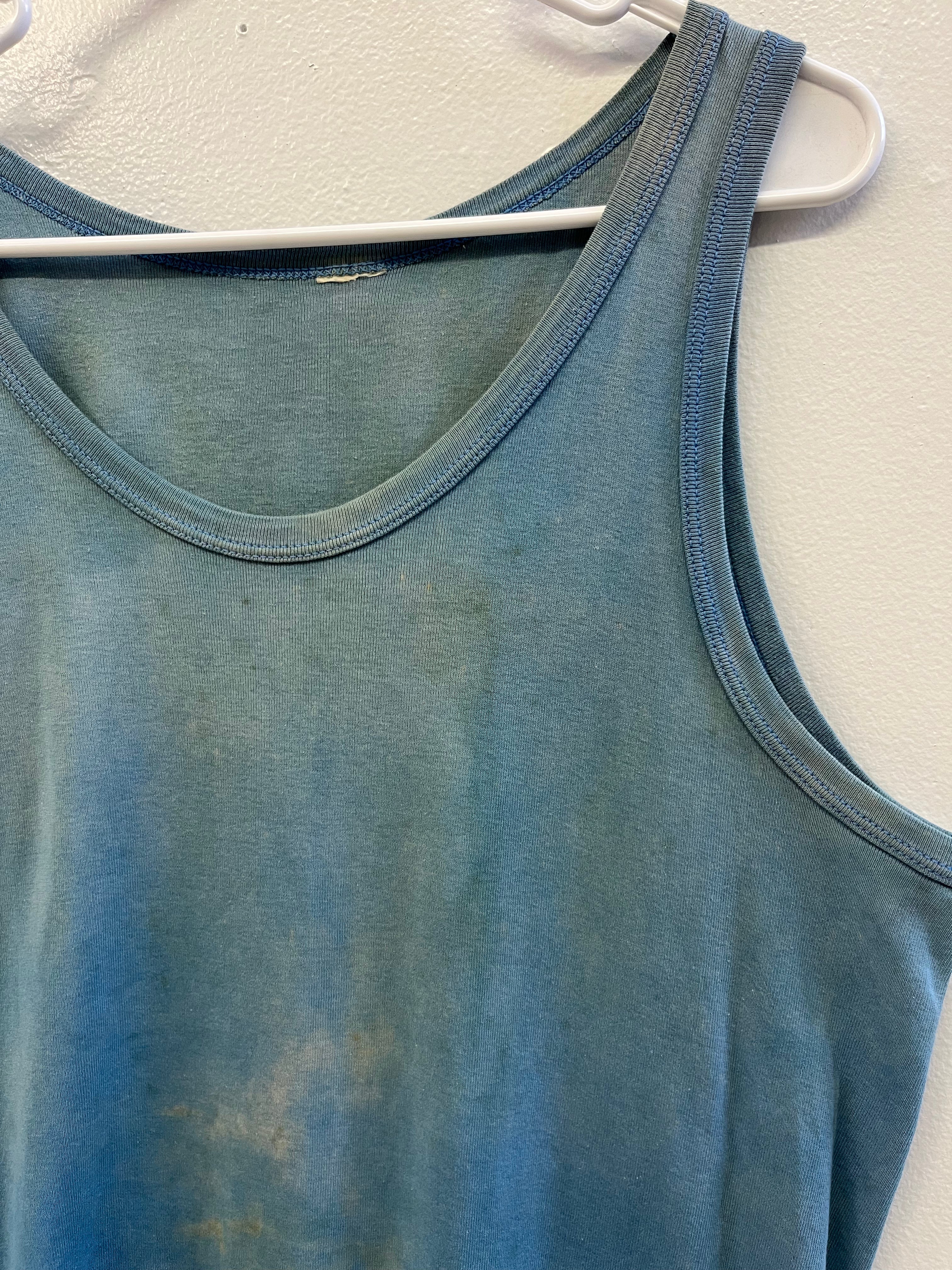 1960/70s Distressed & Stained French Work Tank - Faded Turquoise - L/XL