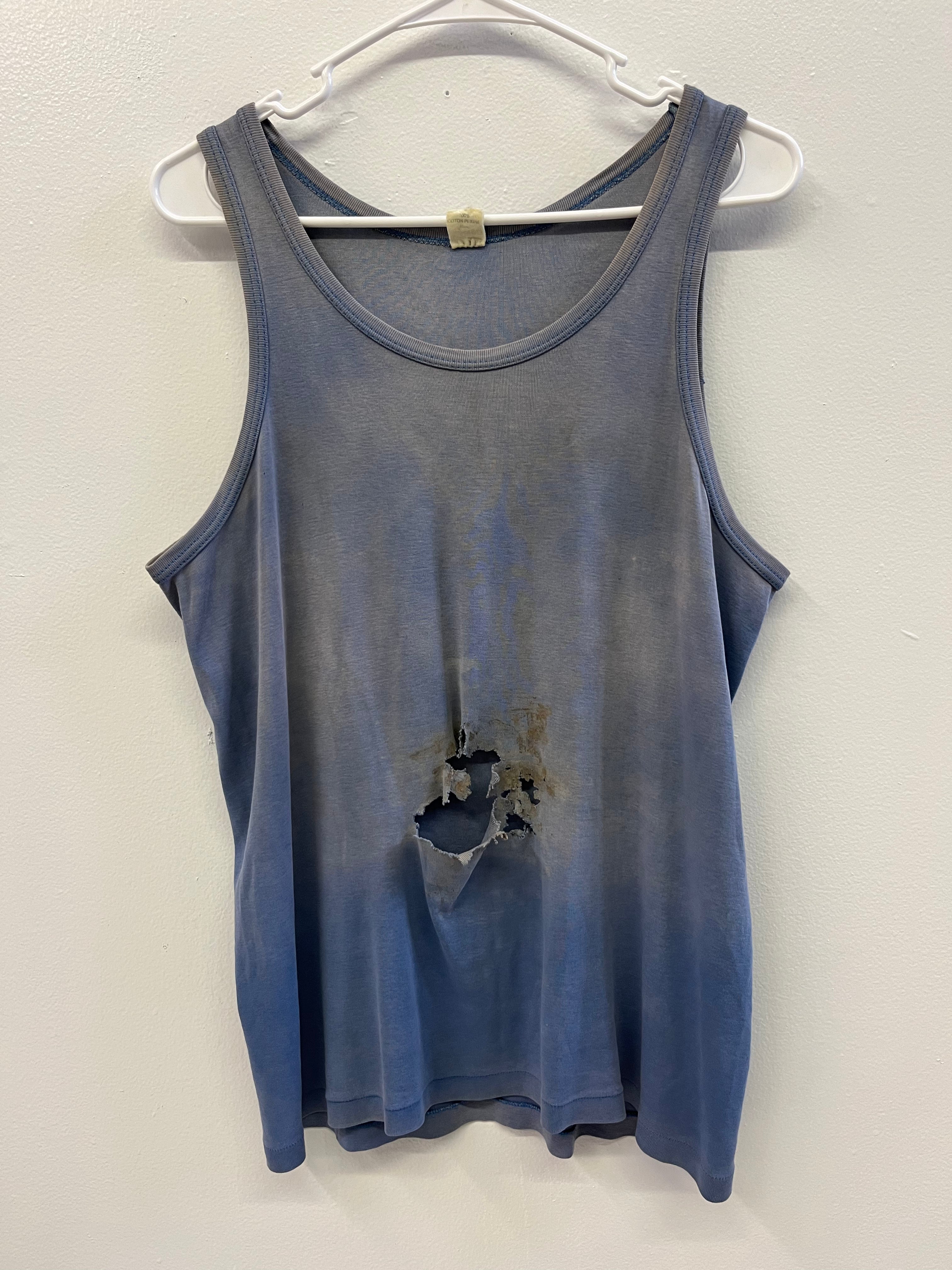 1960s Faded & Distressed French Work Tank - Faded Cornflower Blue - L