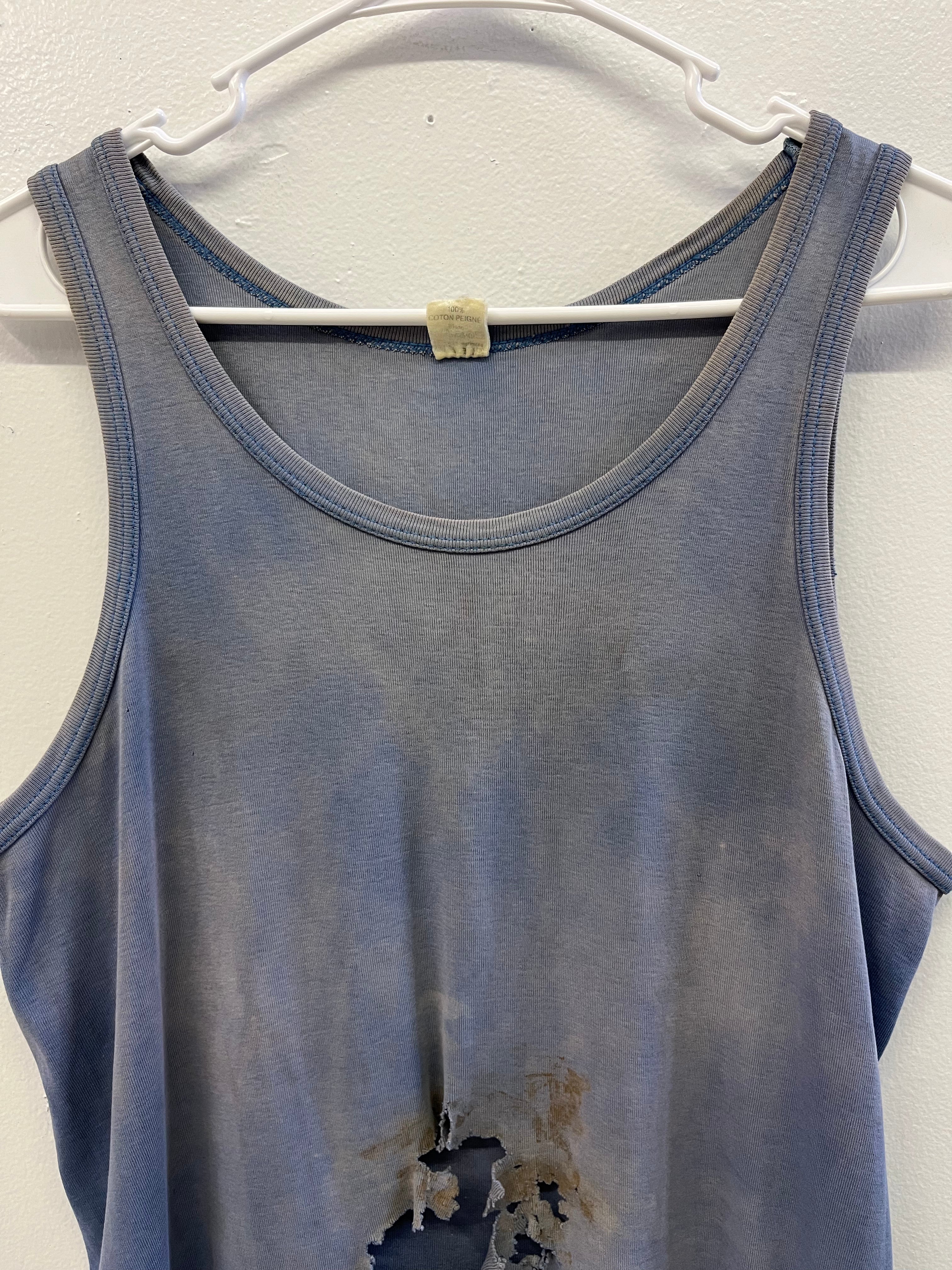 1960s Faded & Distressed French Work Tank - Faded Cornflower Blue - L