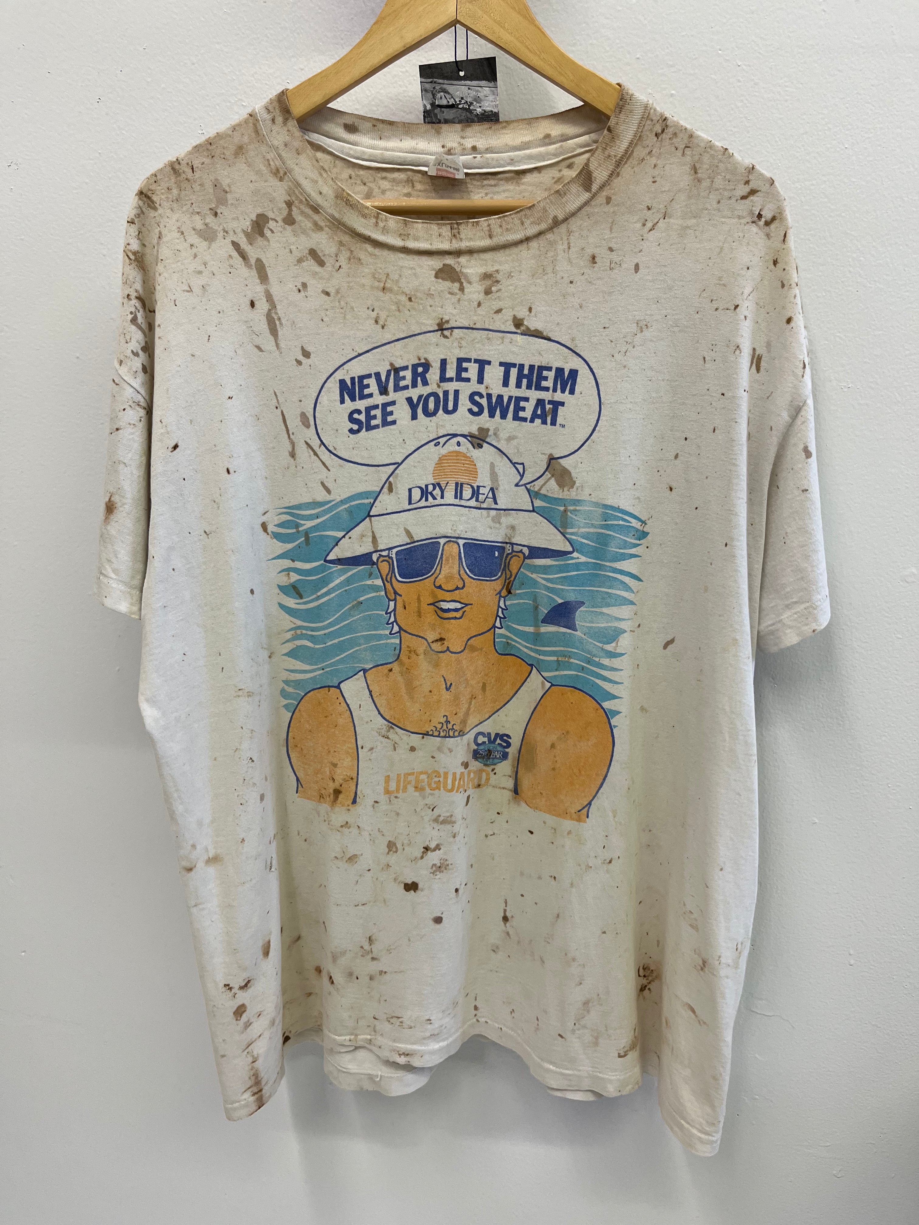 1980s CVS Dry Idea Deodorant Distressed & Stained T-Shirt - Dirty White - XL/XXL