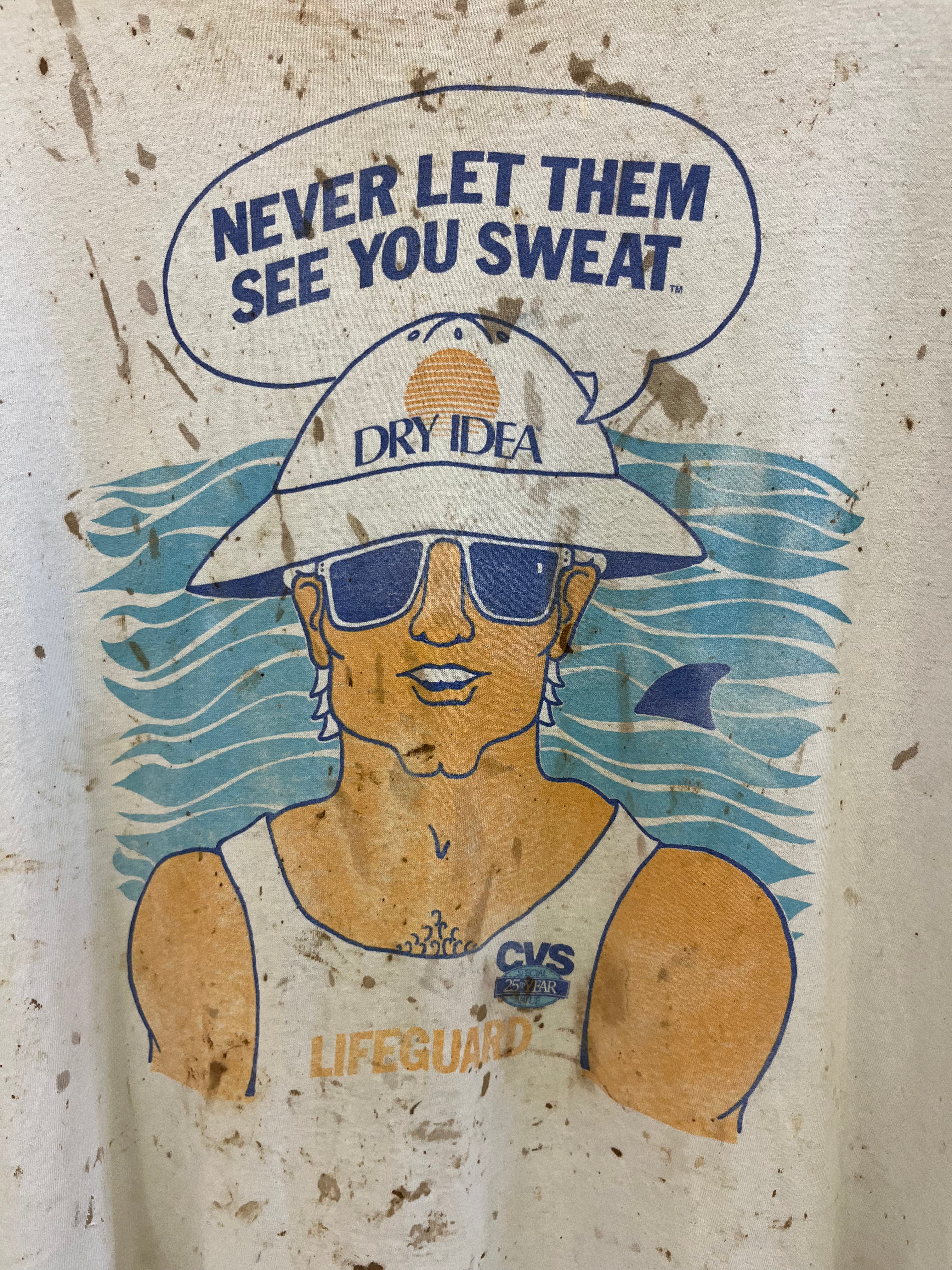 1980s CVS Dry Idea Deodorant Distressed & Stained T-Shirt - Dirty White - XL/XXL