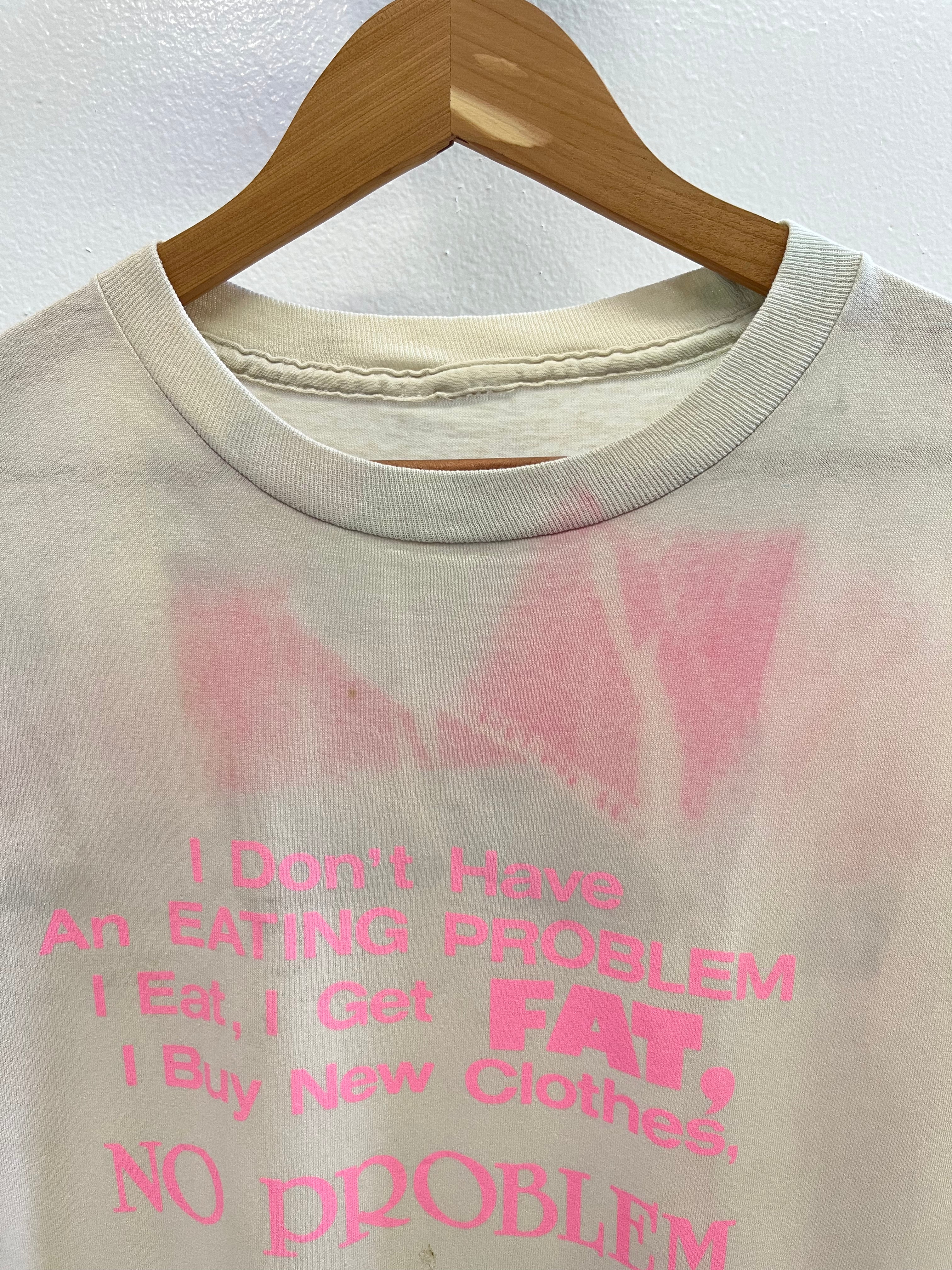 1980s 'Eating Problem' Distressed T-Shirt - Aged White/Hot Pink - S/M