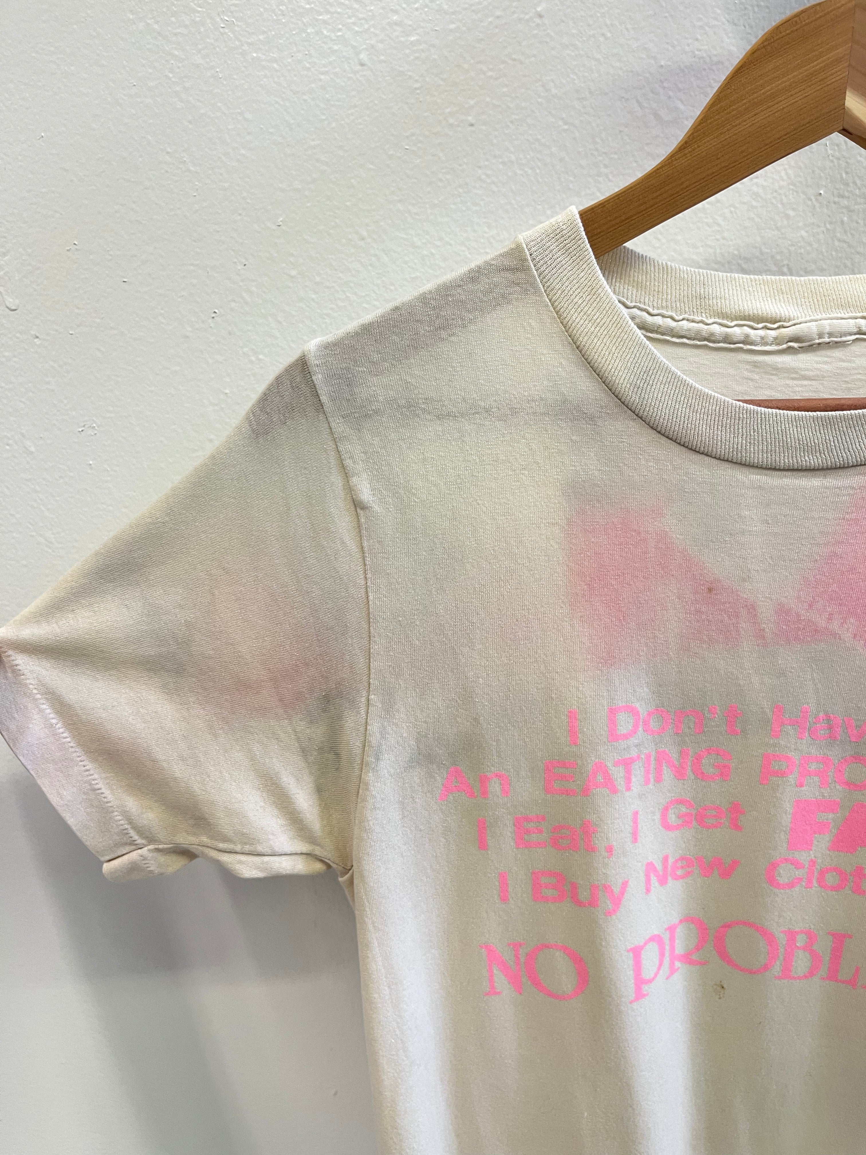 1980s 'Eating Problem' Distressed T-Shirt - Aged White/Hot Pink - S/M