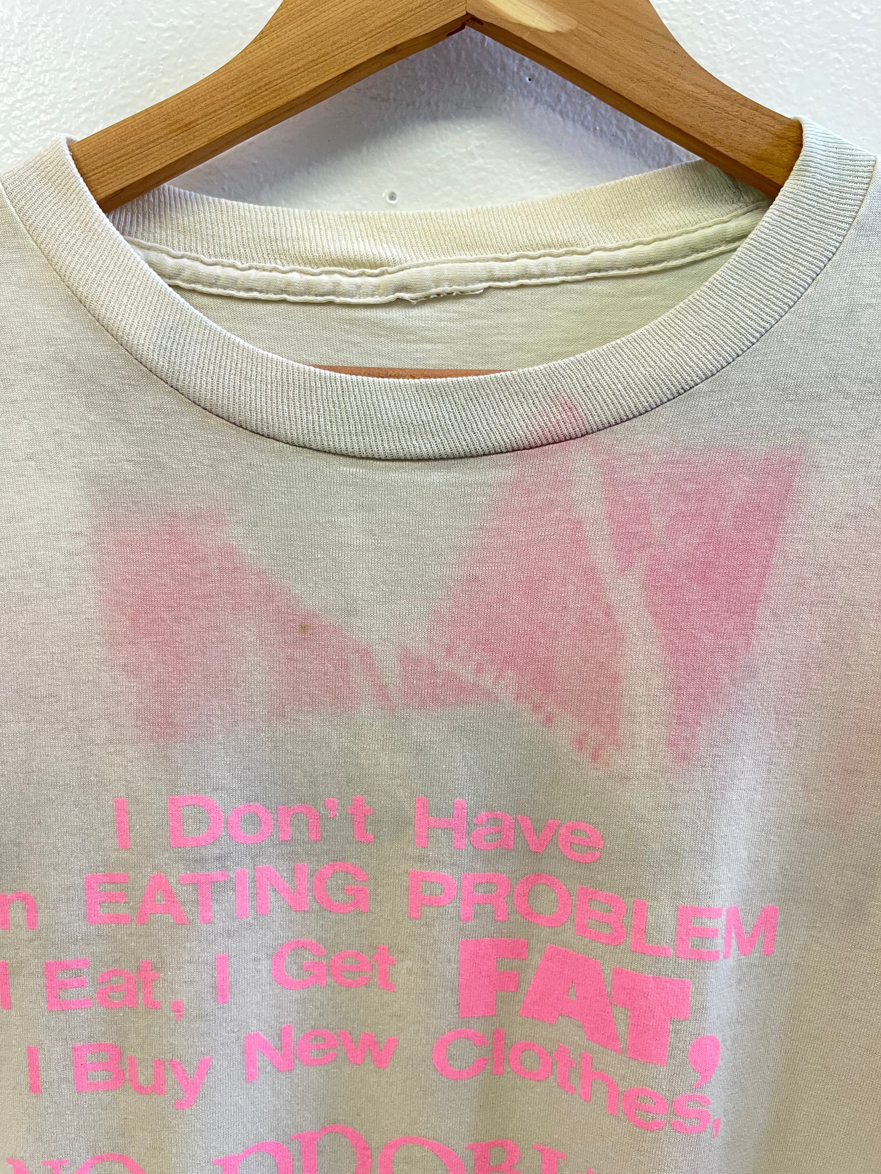 1980s 'Eating Problem' Distressed T-Shirt - Aged White/Hot Pink - S/M