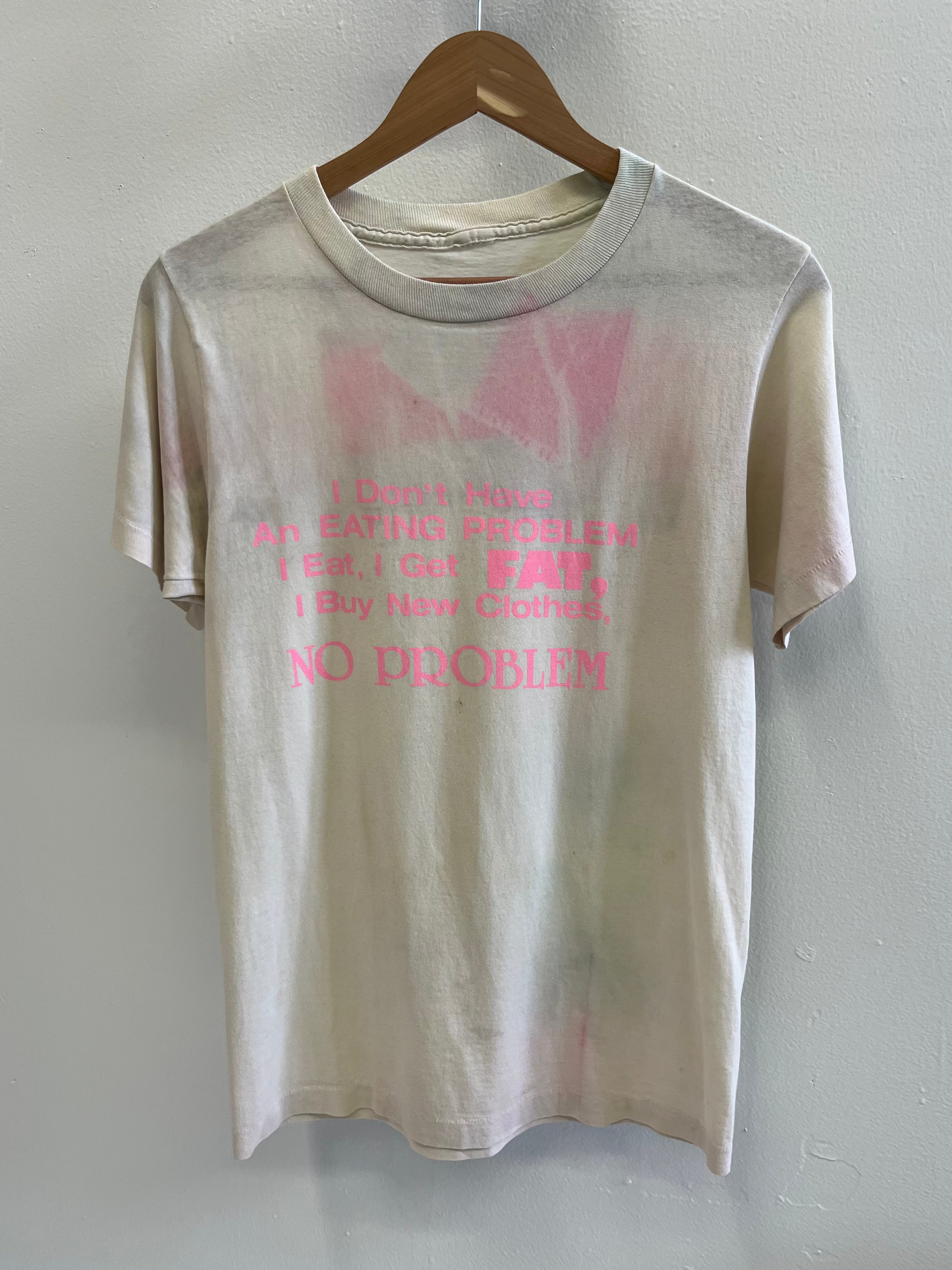 1980s 'Eating Problem' Distressed T-Shirt - Aged White/Hot Pink - S/M