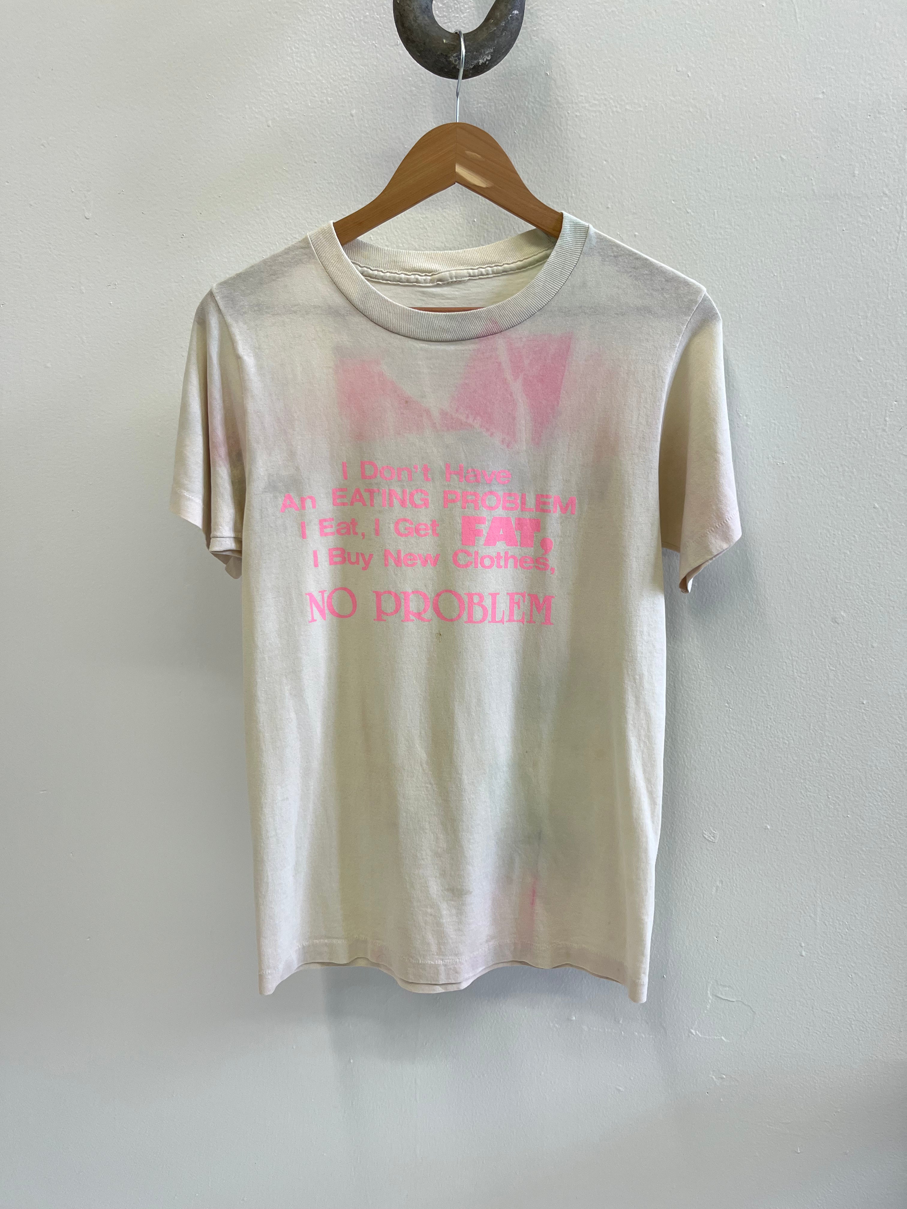 1980s 'Eating Problem' Distressed T-Shirt - Aged White/Hot Pink - S/M