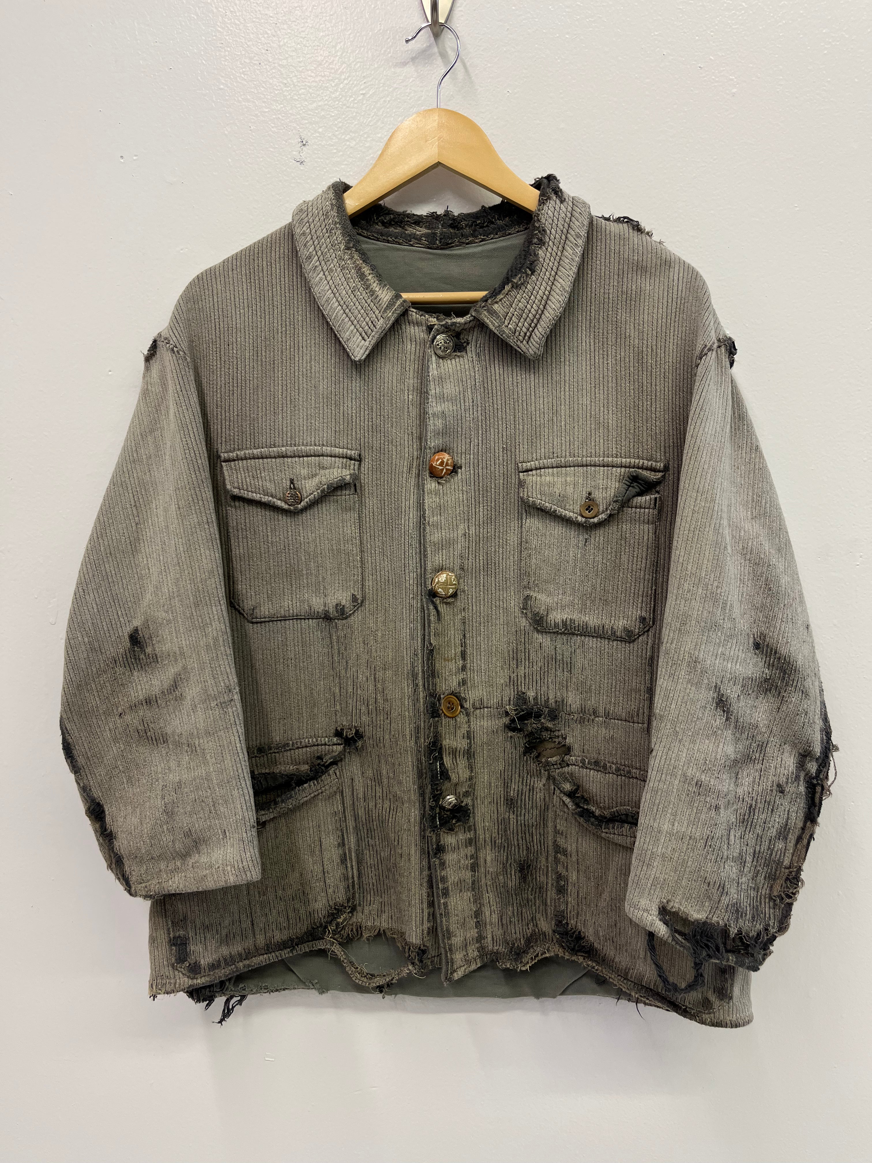 1930/40s Distressed French Pique Hunting Jacket - Faded Grey - L/XL