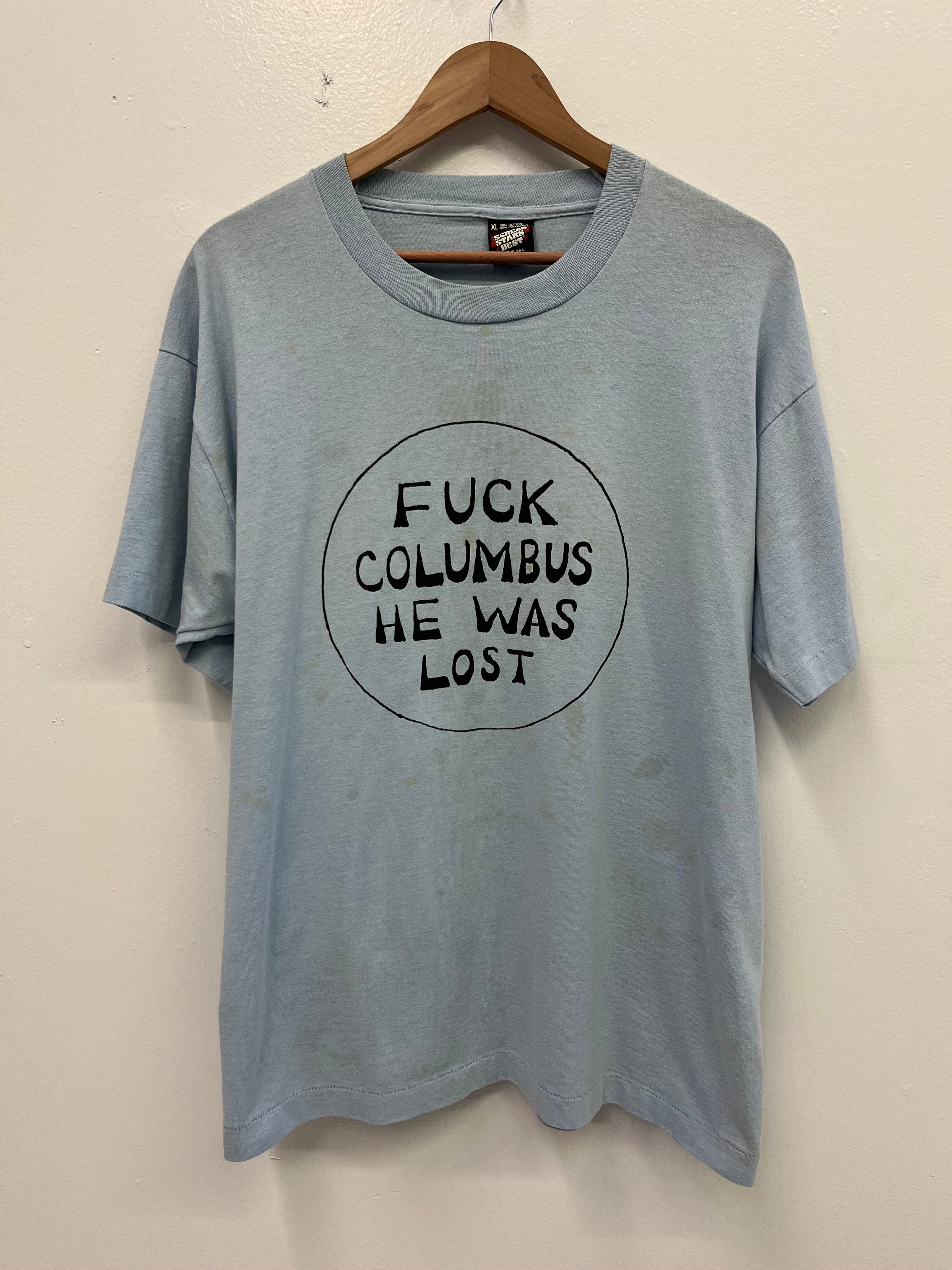 1980s 'F Columbus' Graphic T-Shirt - Sky Blue - XL