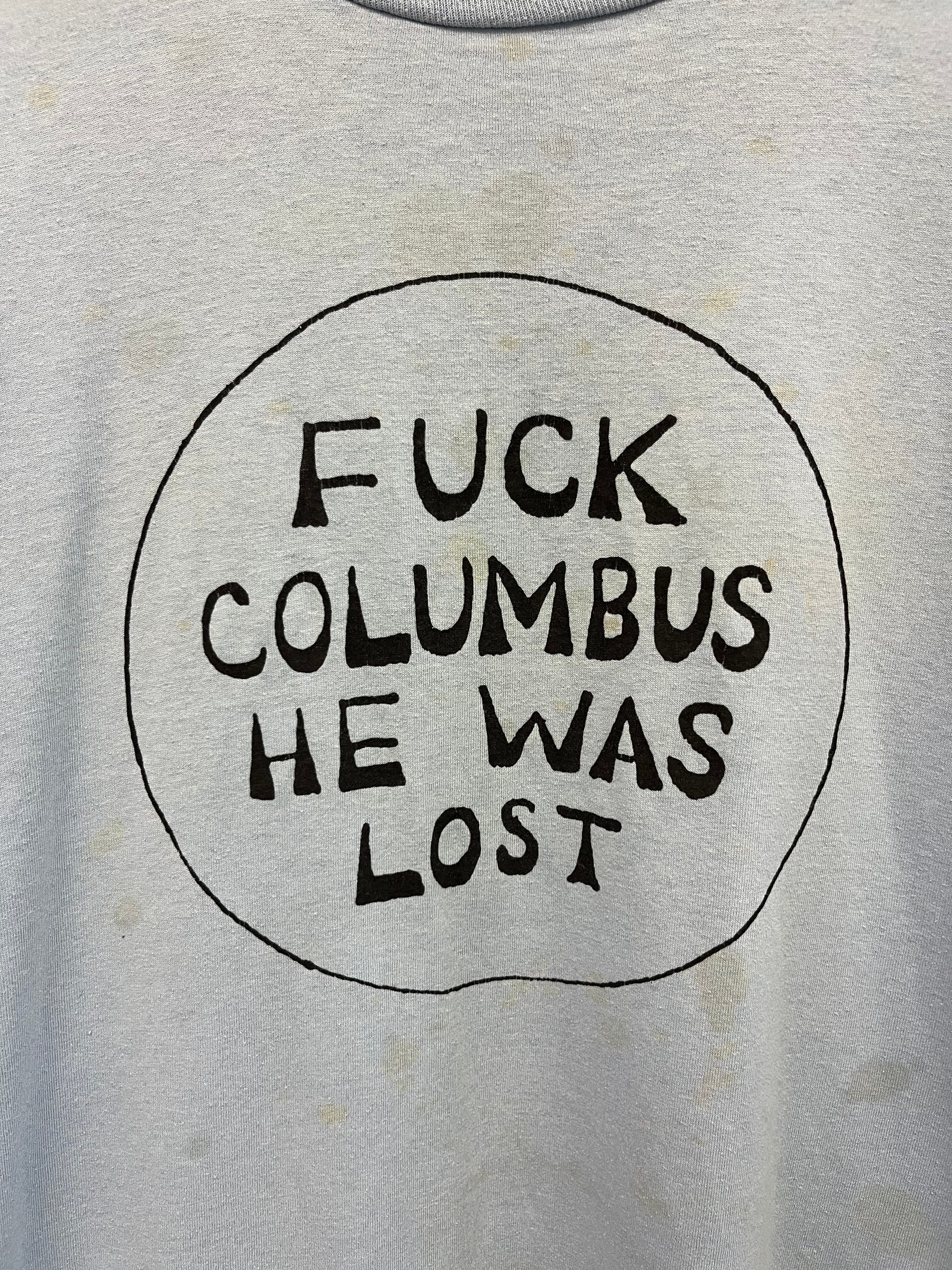 1980s 'F Columbus' Graphic T-Shirt - Sky Blue - XL