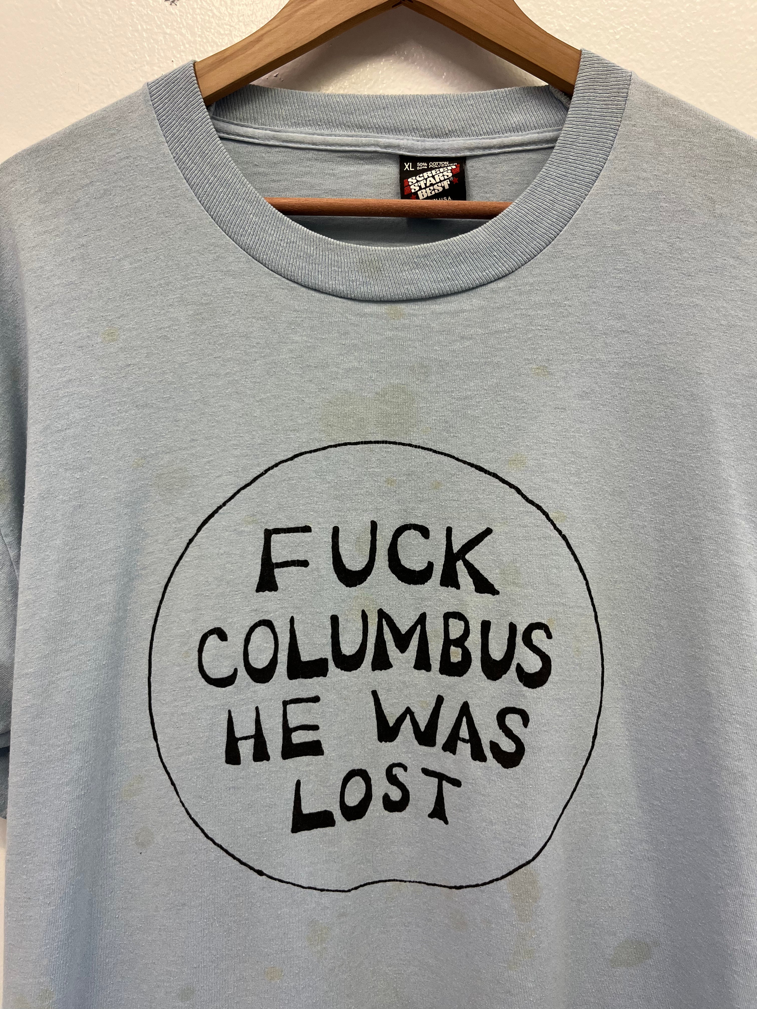 1980s 'F Columbus' Graphic T-Shirt - Sky Blue - XL