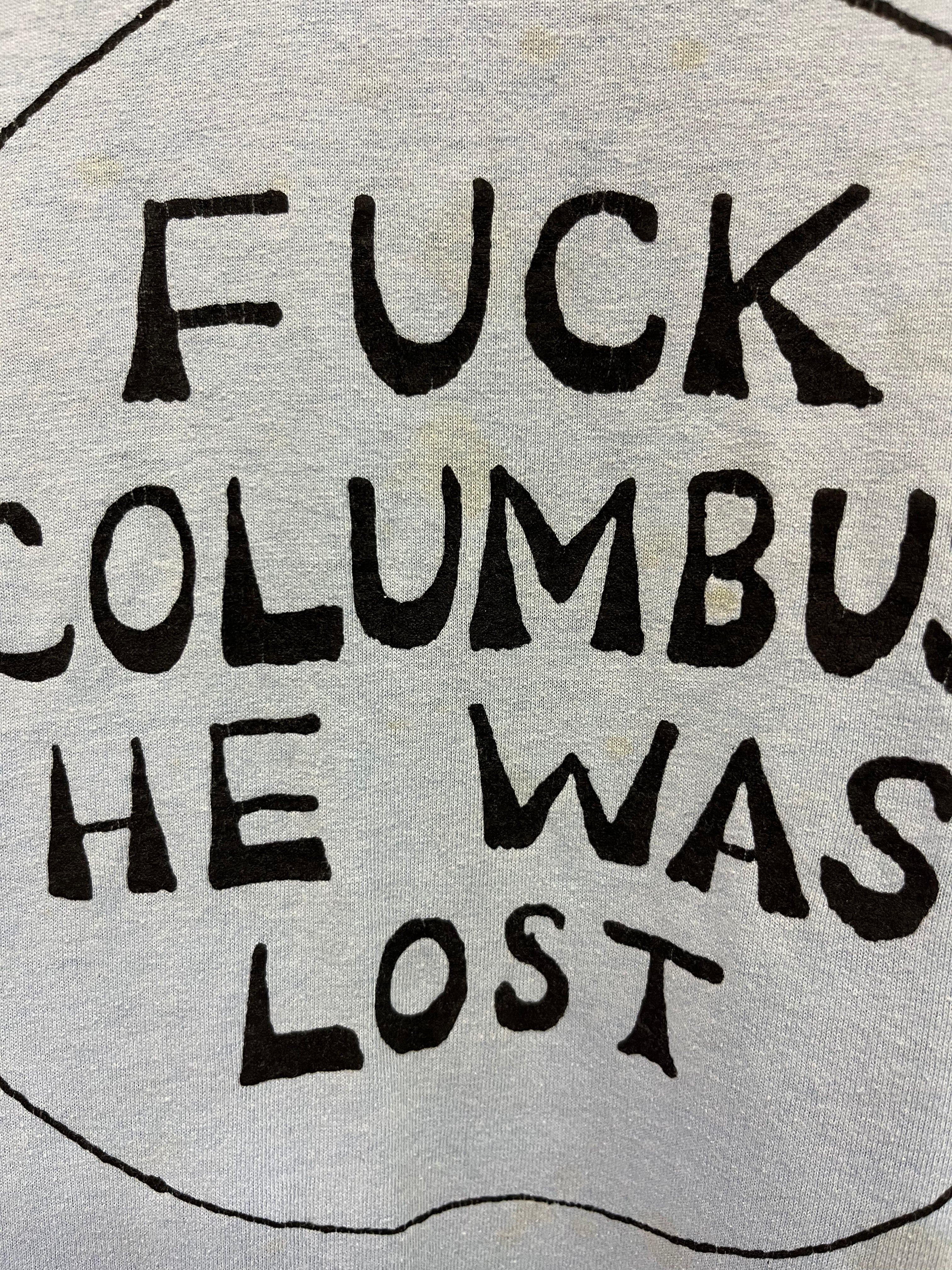 1980s 'F Columbus' Graphic T-Shirt - Sky Blue - XL