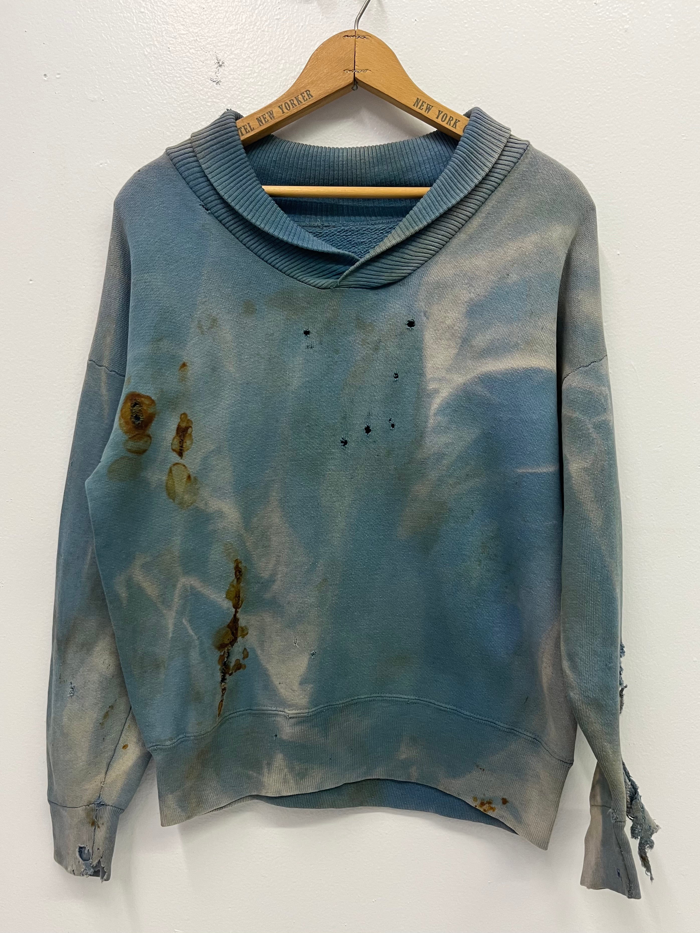 1950s Thrashed, Stained & Sun Drenched Shawl Collar Sweatshirt - Faded Cerulean Blue - M