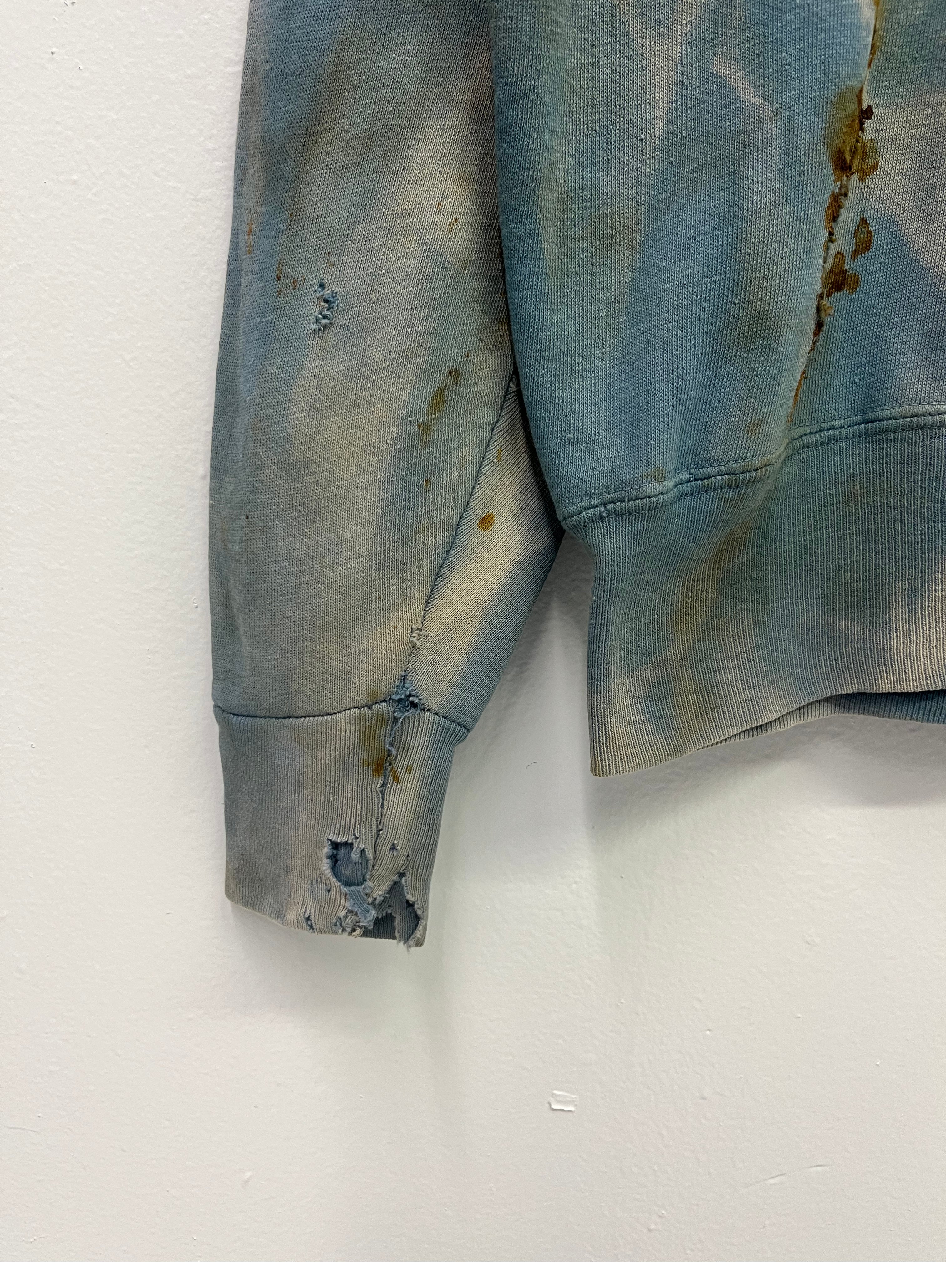1950s Thrashed, Stained & Sun Drenched Shawl Collar Sweatshirt - Faded Cerulean Blue - M