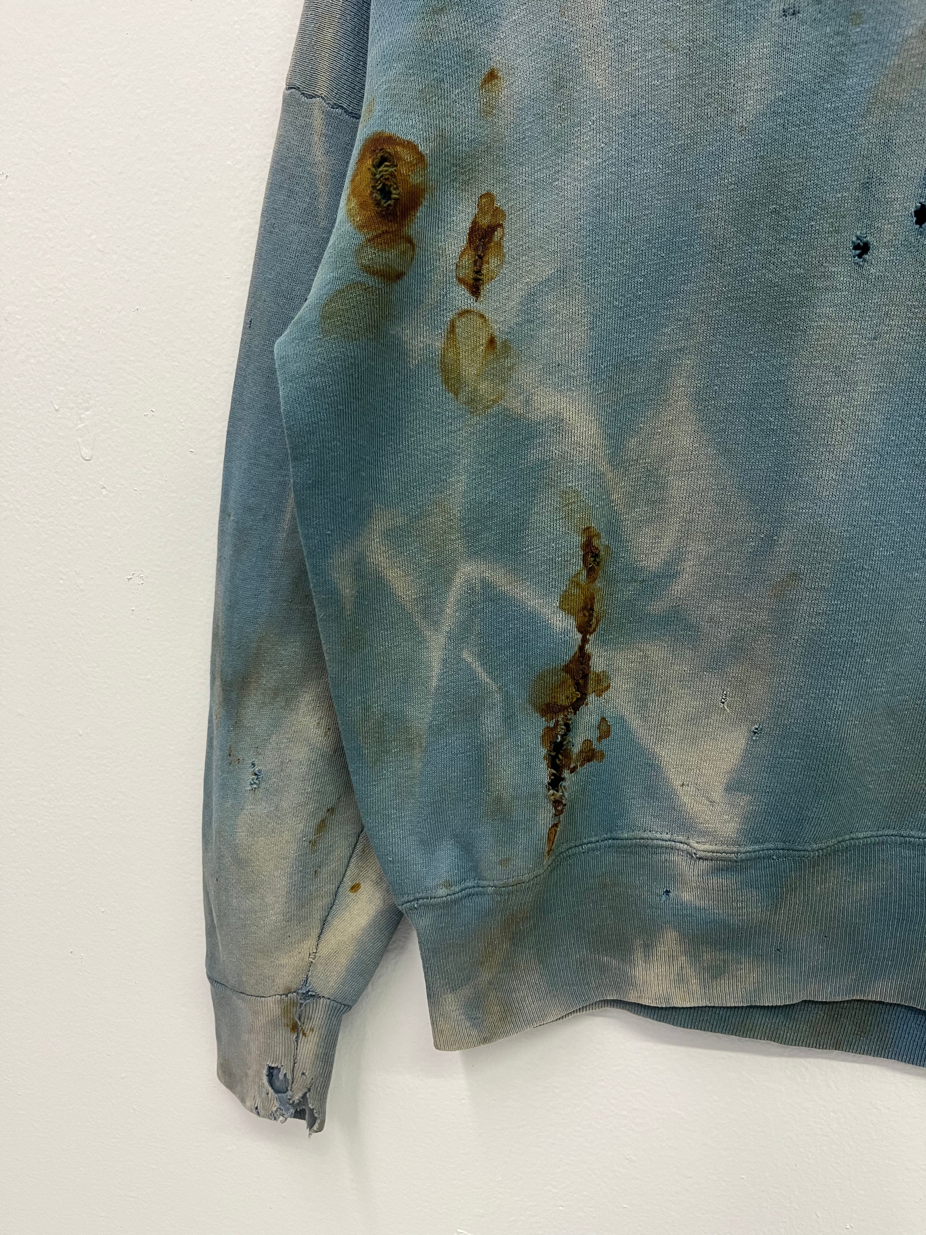 1950s Thrashed, Stained & Sun Drenched Shawl Collar Sweatshirt - Faded Cerulean Blue - M