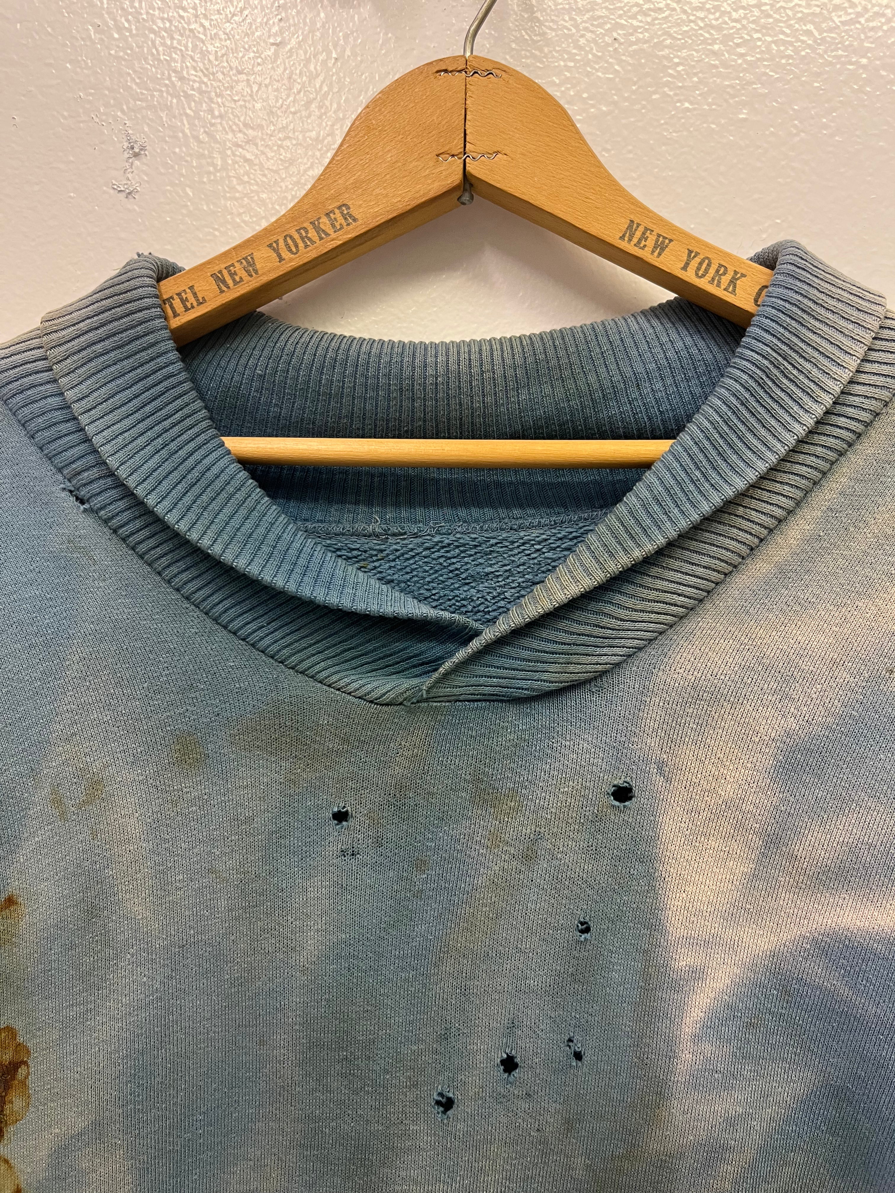 1950s Thrashed, Stained & Sun Drenched Shawl Collar Sweatshirt - Faded Cerulean Blue - M