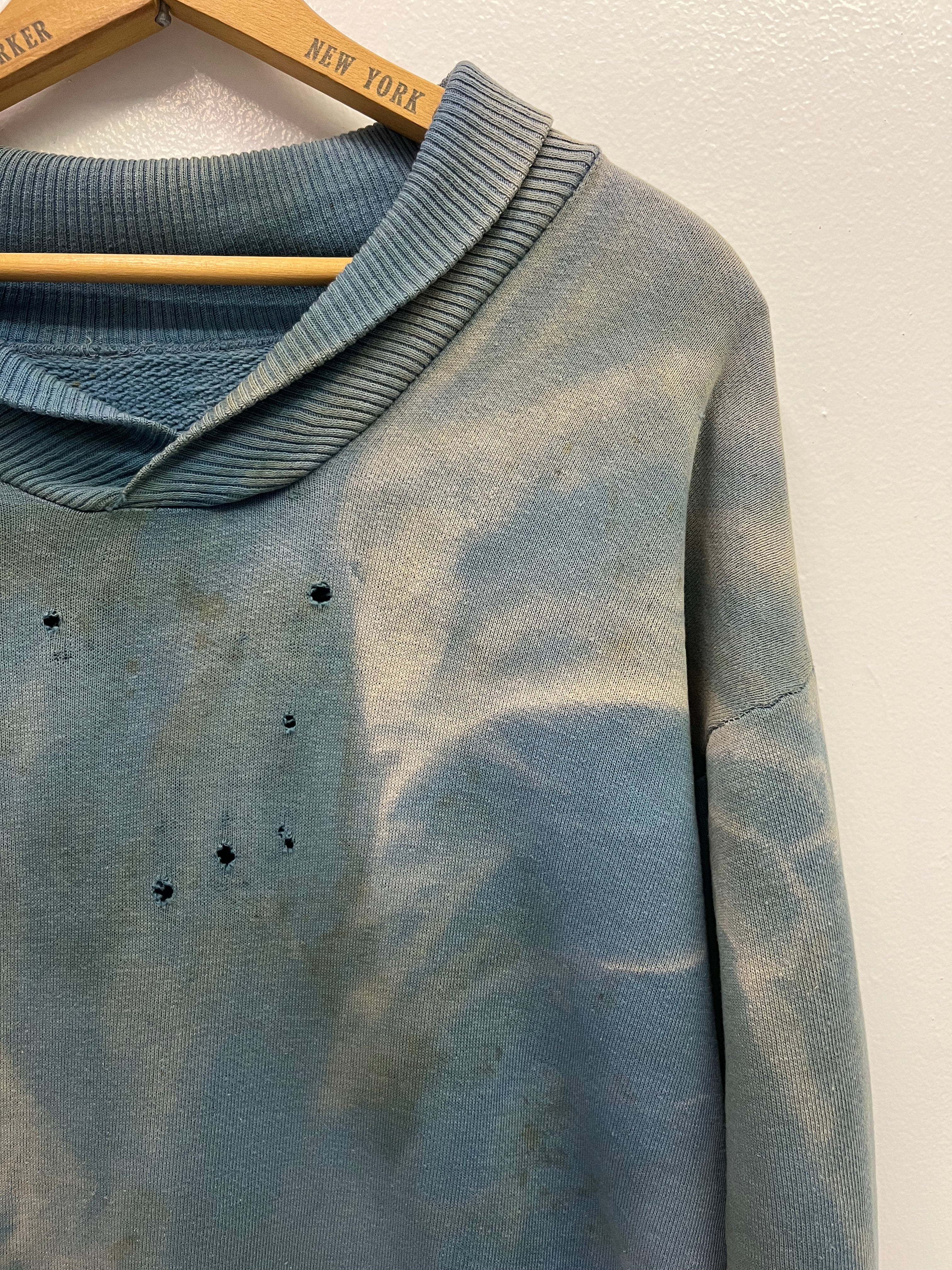 1950s Thrashed, Stained & Sun Drenched Shawl Collar Sweatshirt - Faded Cerulean Blue - M