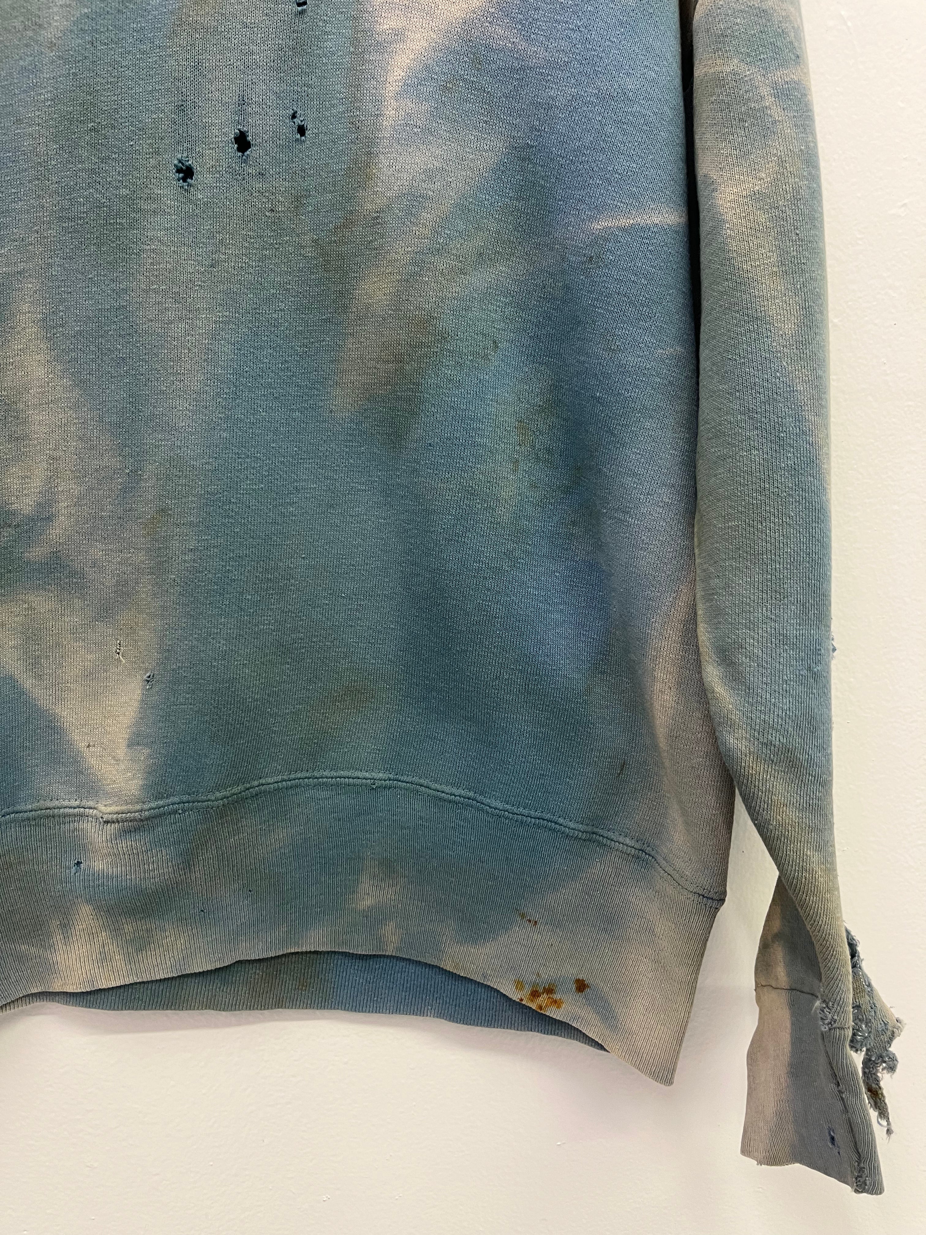 1950s Thrashed, Stained & Sun Drenched Shawl Collar Sweatshirt - Faded Cerulean Blue - M