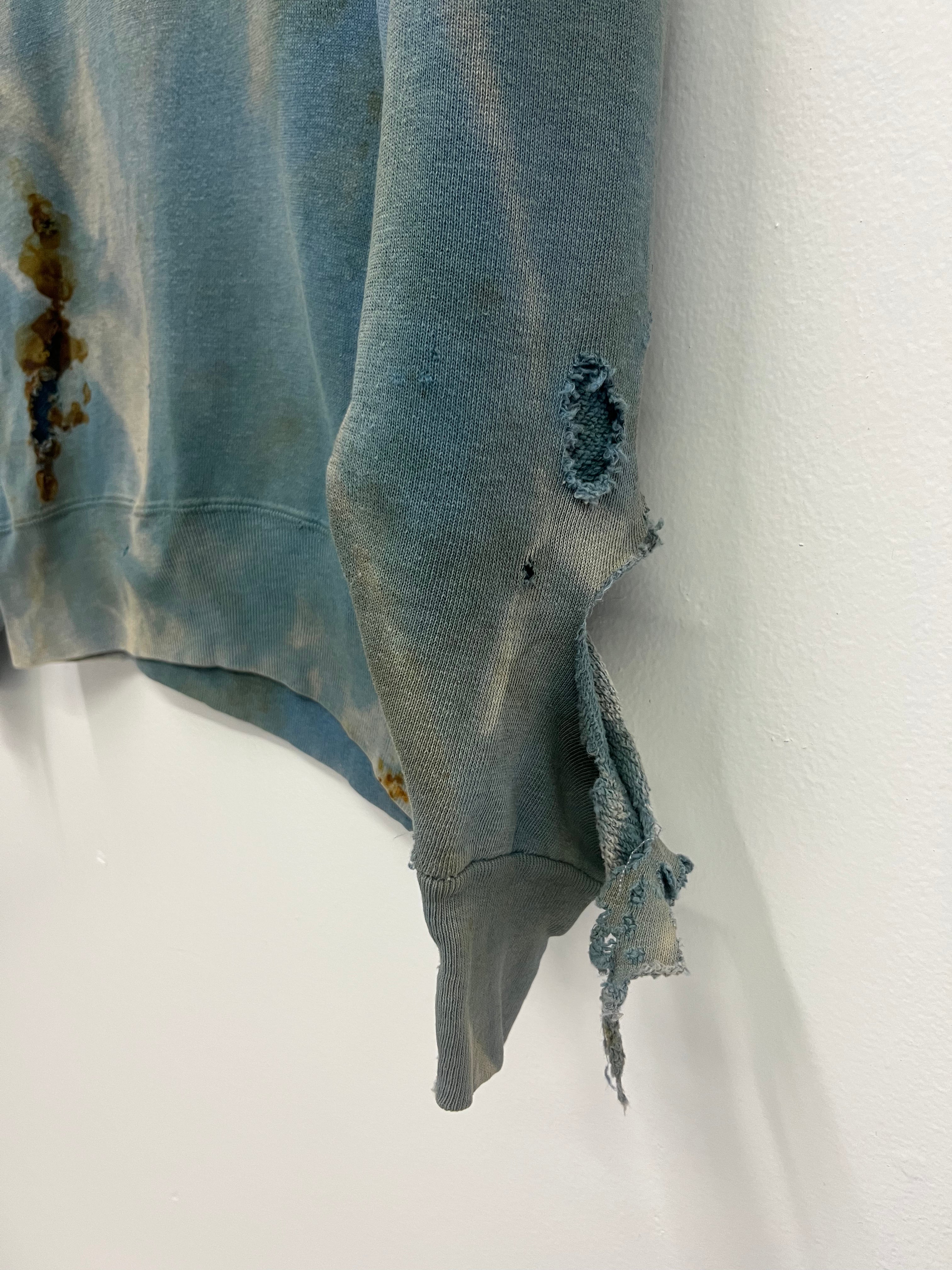 1950s Thrashed, Stained & Sun Drenched Shawl Collar Sweatshirt - Faded Cerulean Blue - M