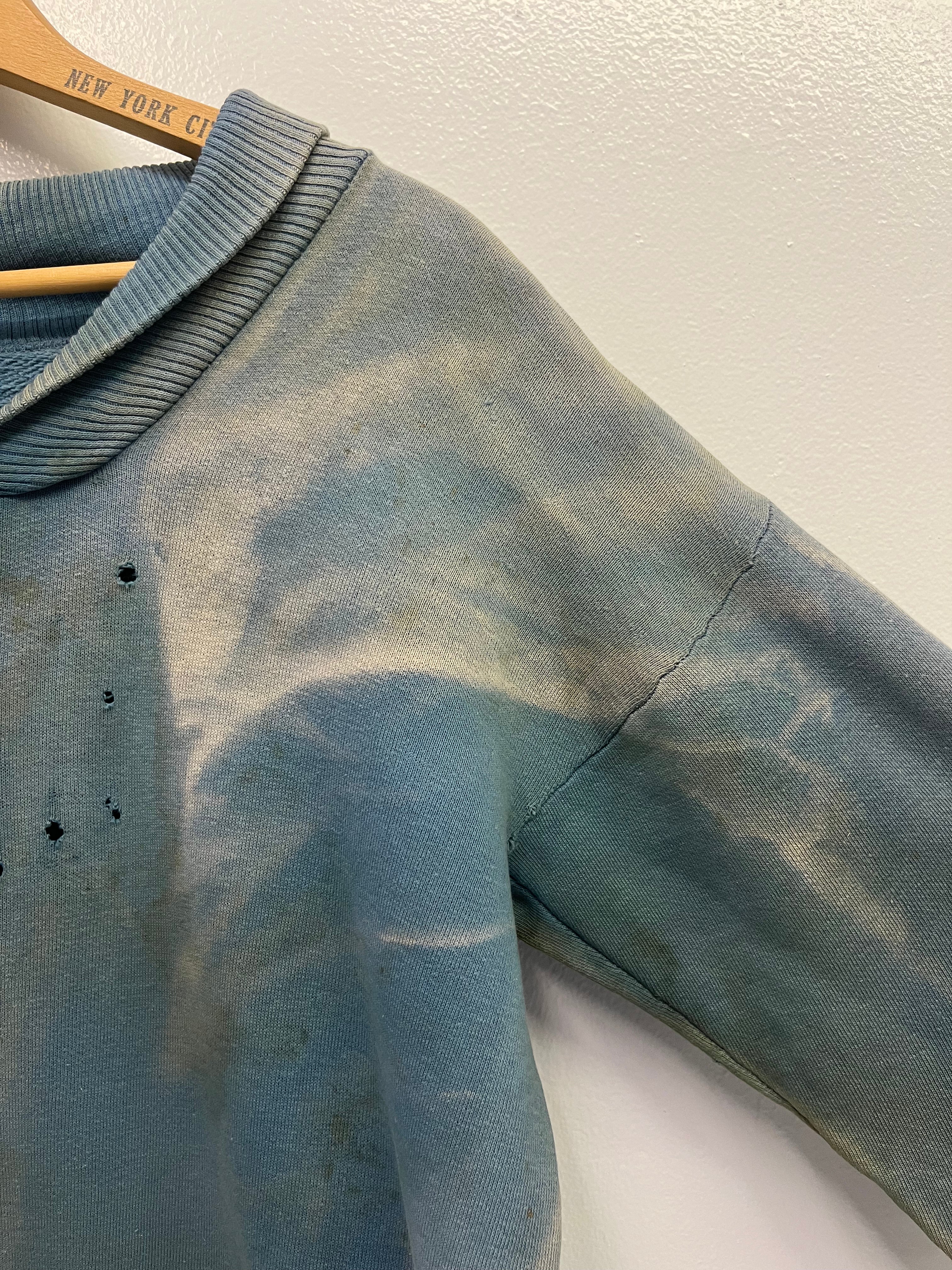 1950s Thrashed, Stained & Sun Drenched Shawl Collar Sweatshirt - Faded Cerulean Blue - M