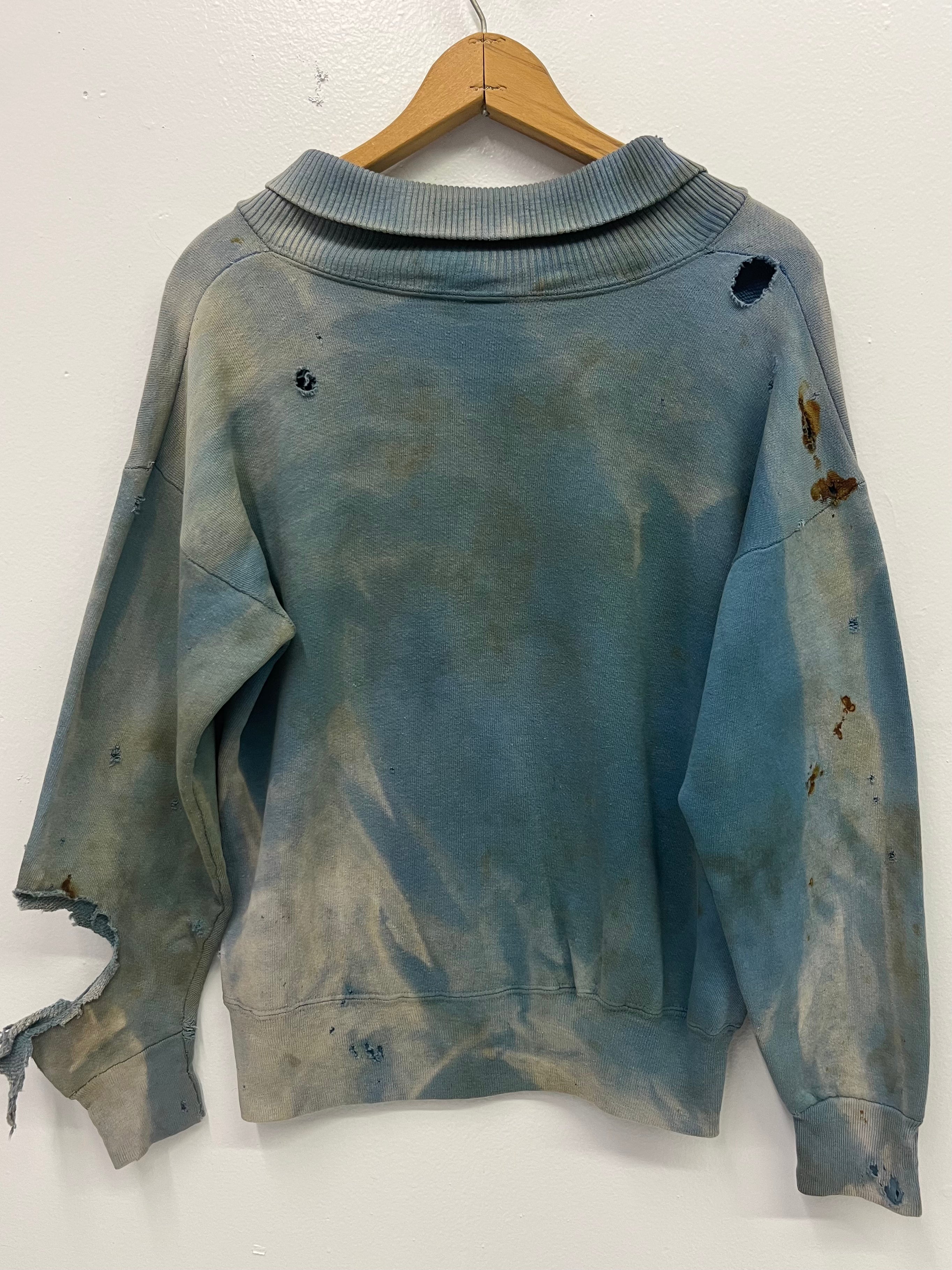 1950s Thrashed, Stained & Sun Drenched Shawl Collar Sweatshirt - Faded Cerulean Blue - M