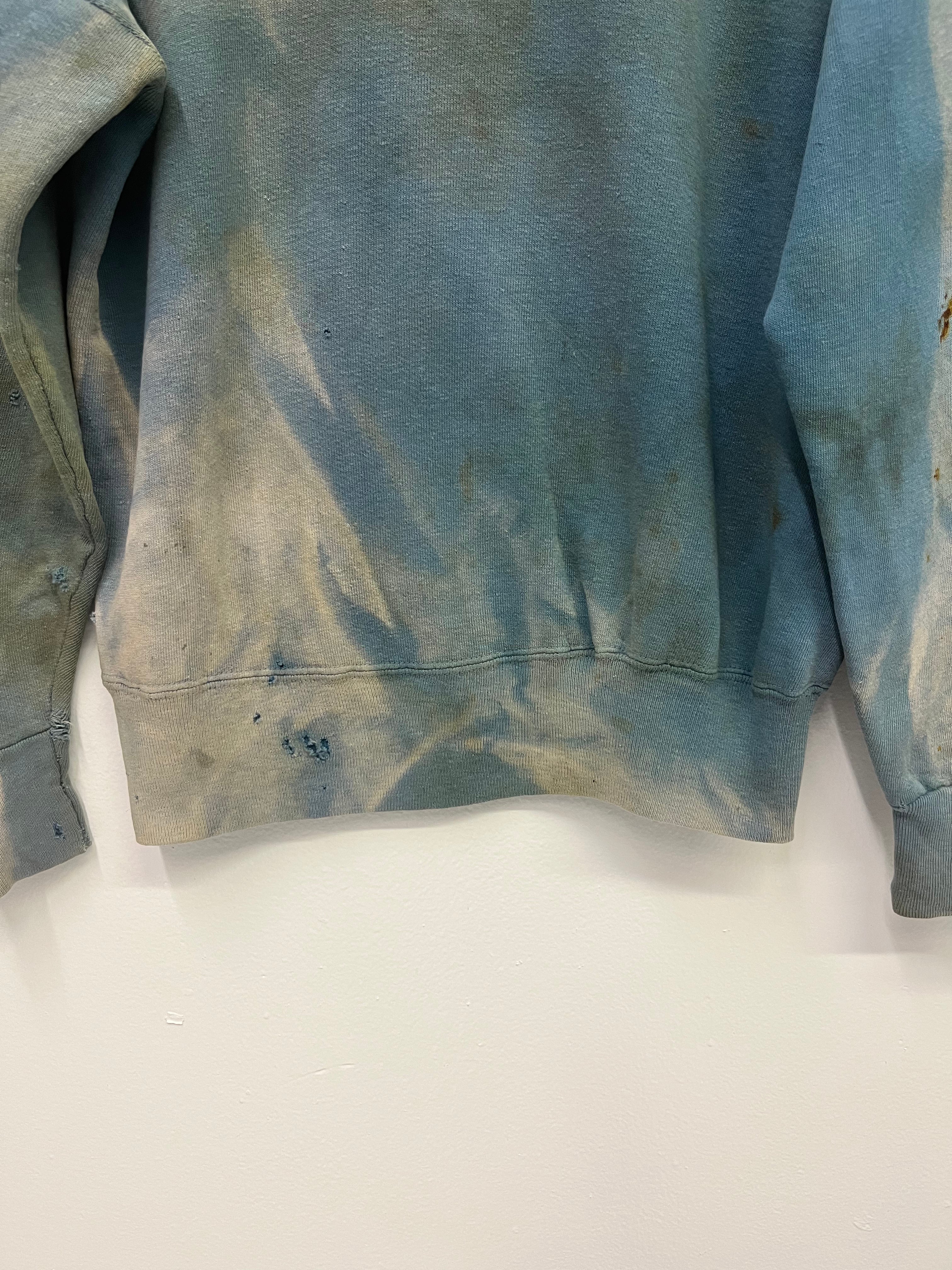 1950s Thrashed, Stained & Sun Drenched Shawl Collar Sweatshirt - Faded Cerulean Blue - M