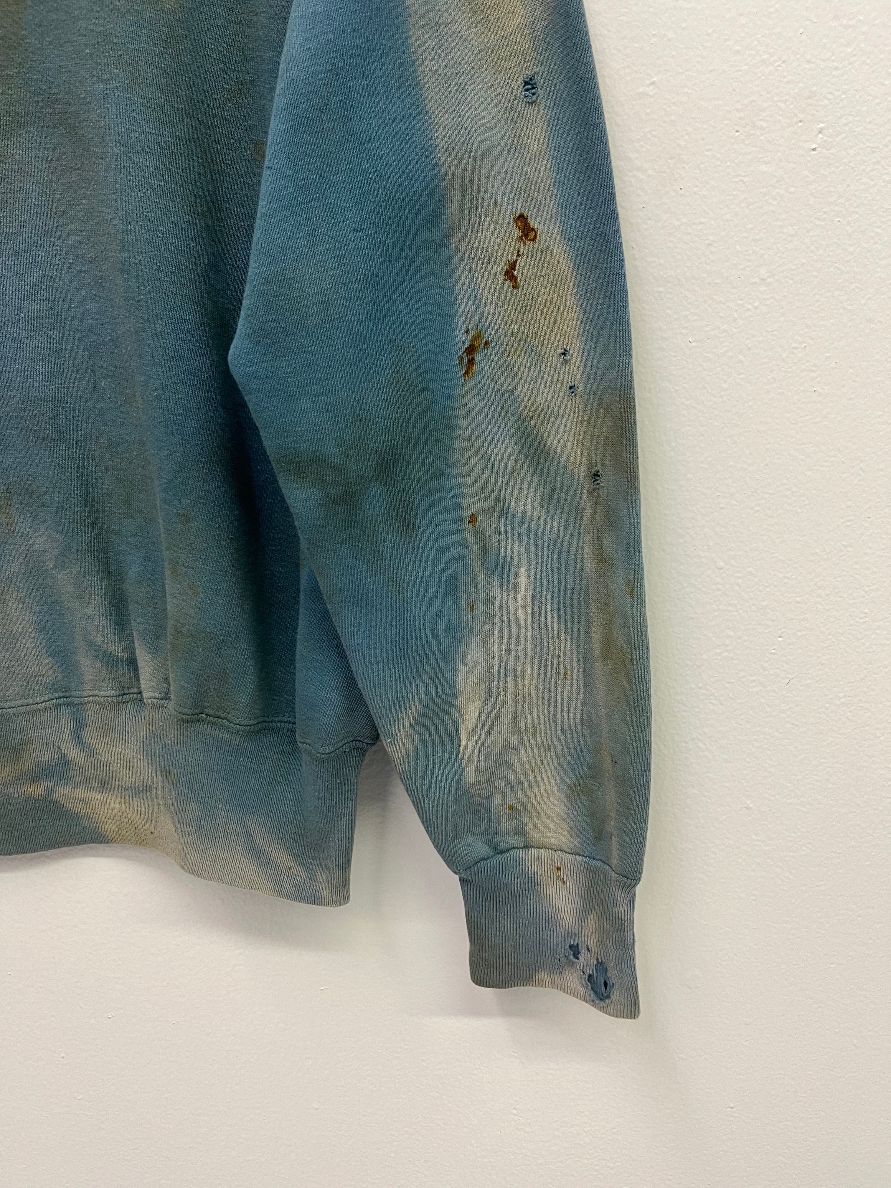 1950s Thrashed, Stained & Sun Drenched Shawl Collar Sweatshirt - Faded Cerulean Blue - M