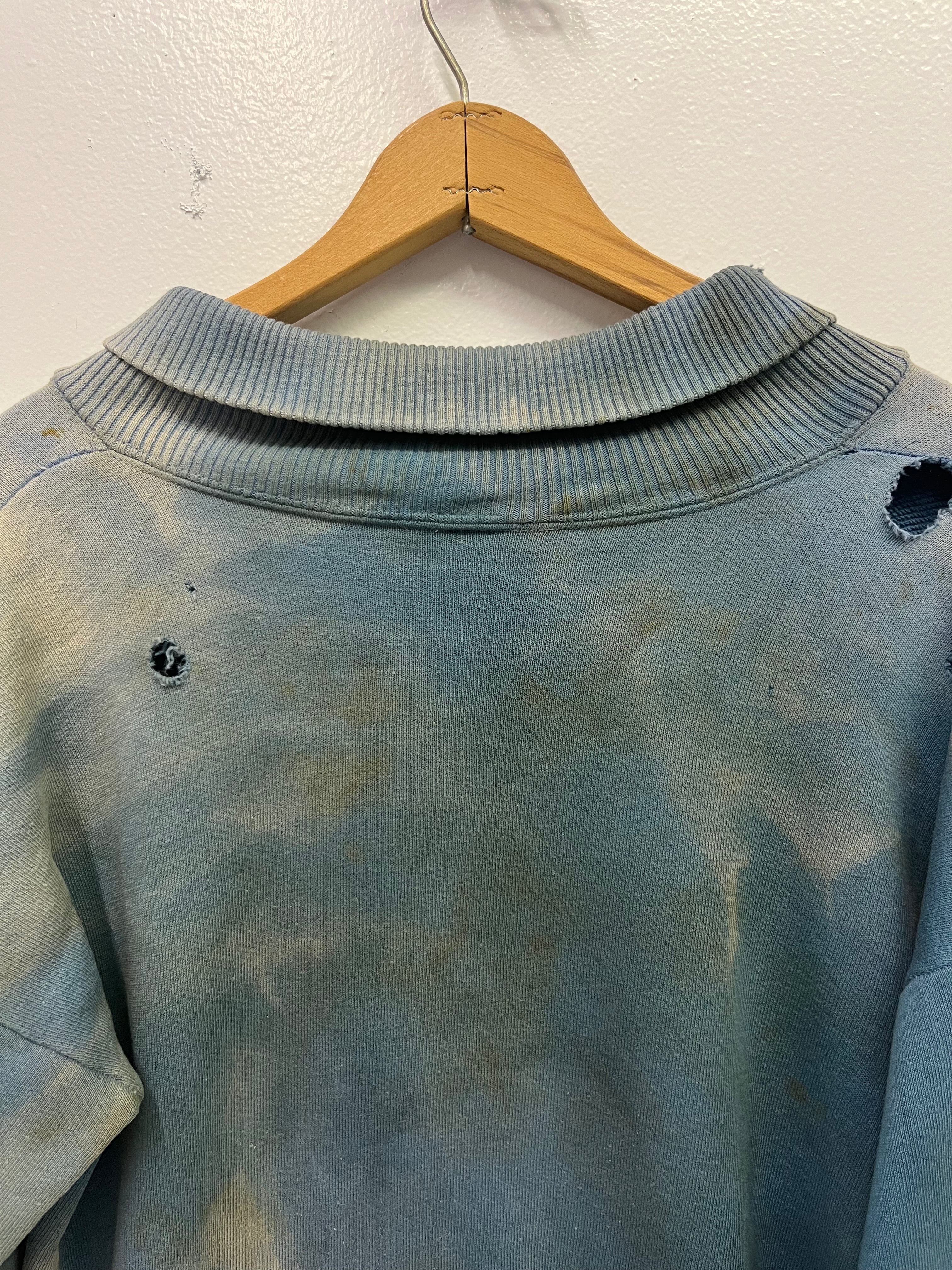 1950s Thrashed, Stained & Sun Drenched Shawl Collar Sweatshirt - Faded Cerulean Blue - M