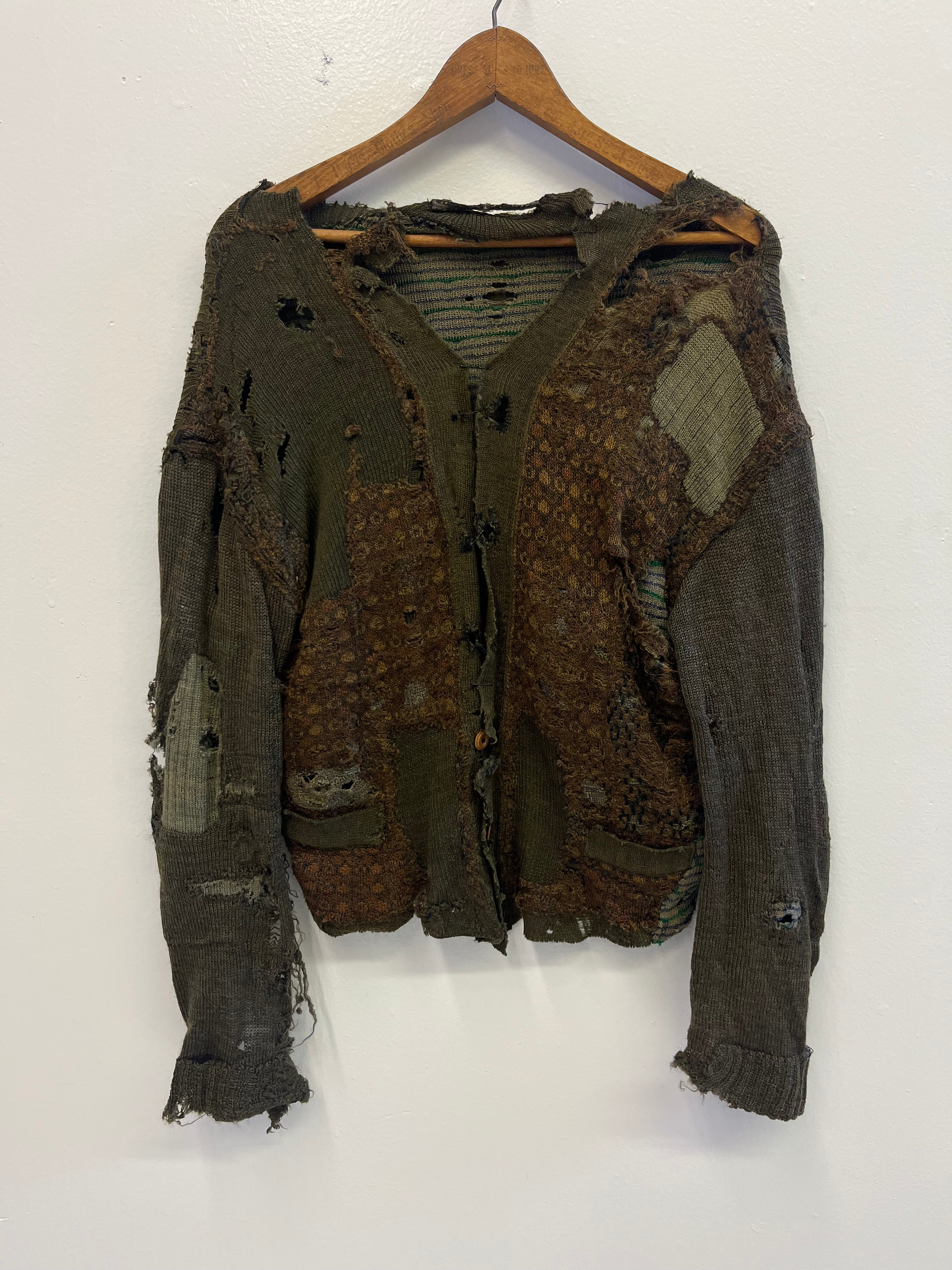 1910/20s German Thrashed Patchwork Wool Peasant's Cardigan Knit - Olive Green/Drab - M/L