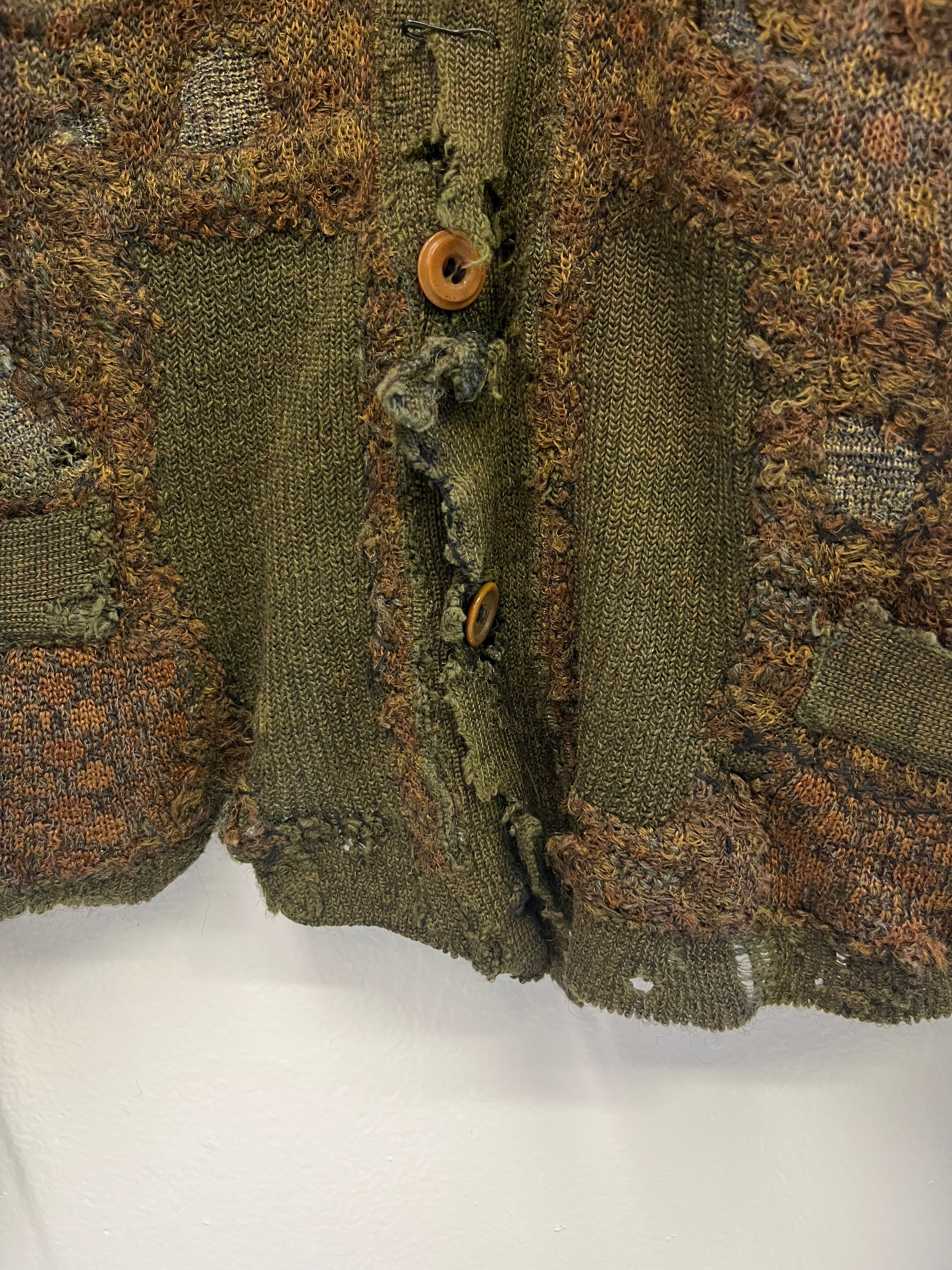 1910/20s German Thrashed Patchwork Wool Peasant's Cardigan Knit - Olive Green/Drab - M/L