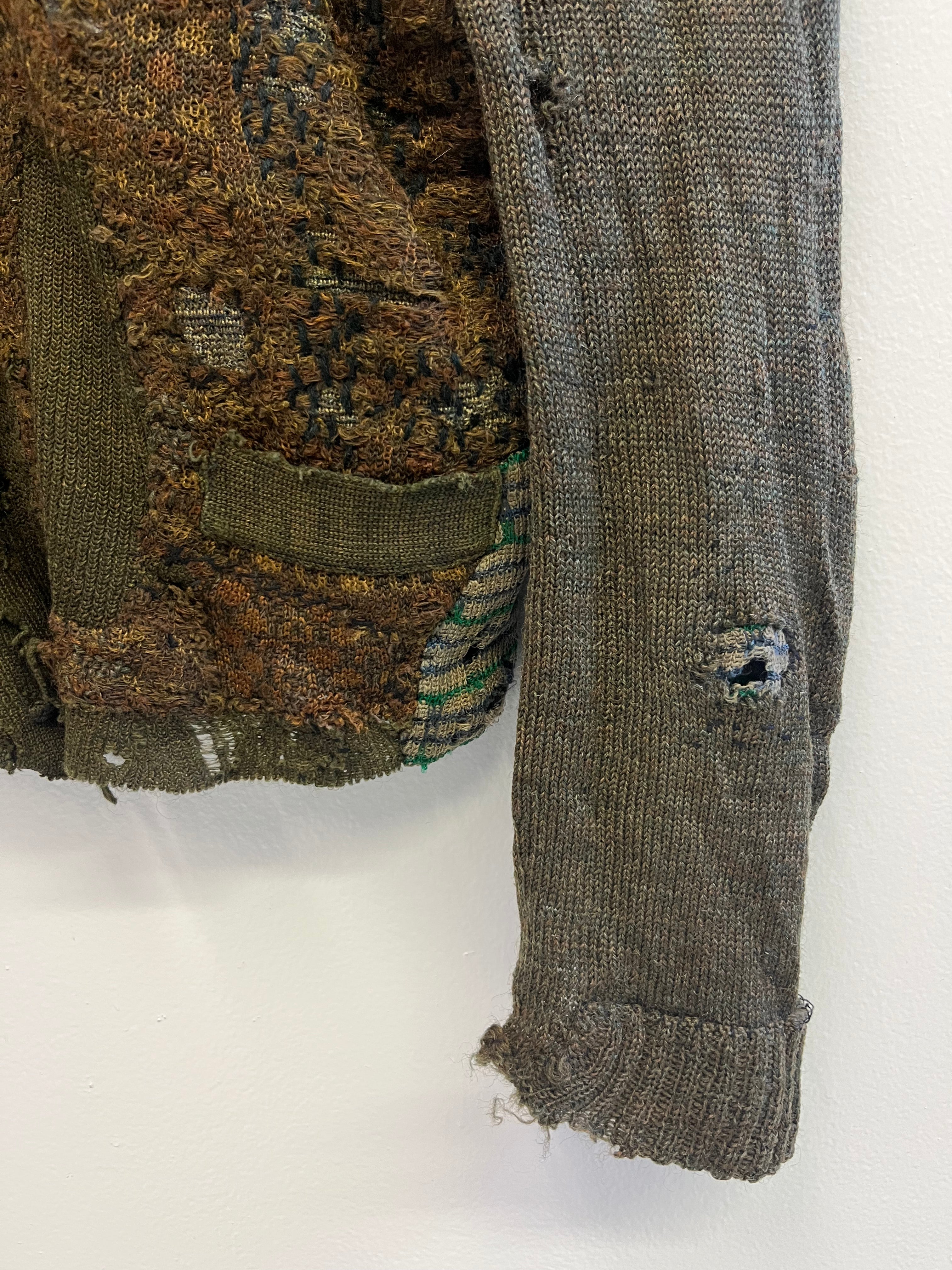 1910/20s German Thrashed Patchwork Wool Peasant's Cardigan Knit - Olive Green/Drab - M/L