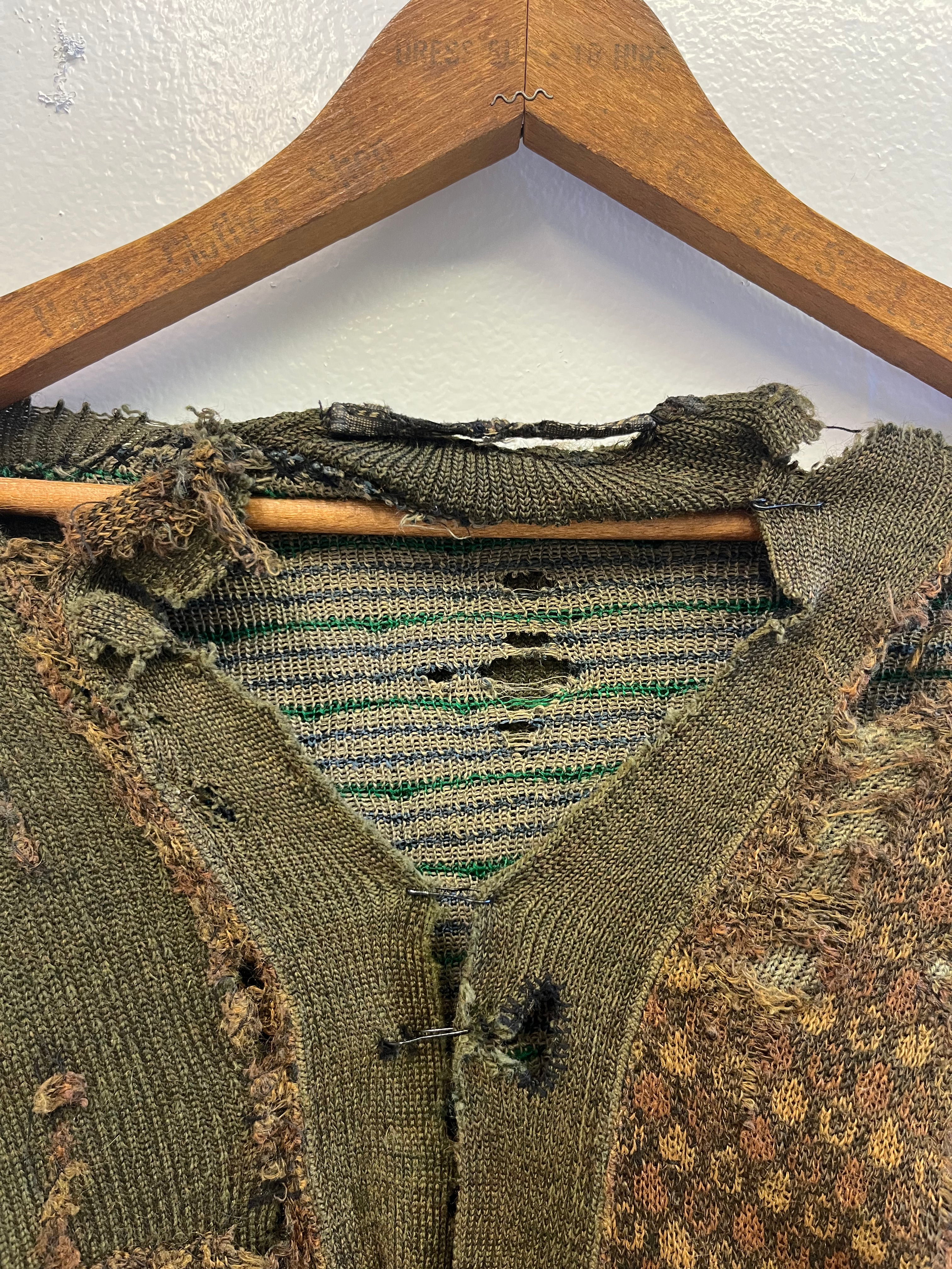 1910/20s German Thrashed Patchwork Wool Peasant's Cardigan Knit - Olive Green/Drab - M/L