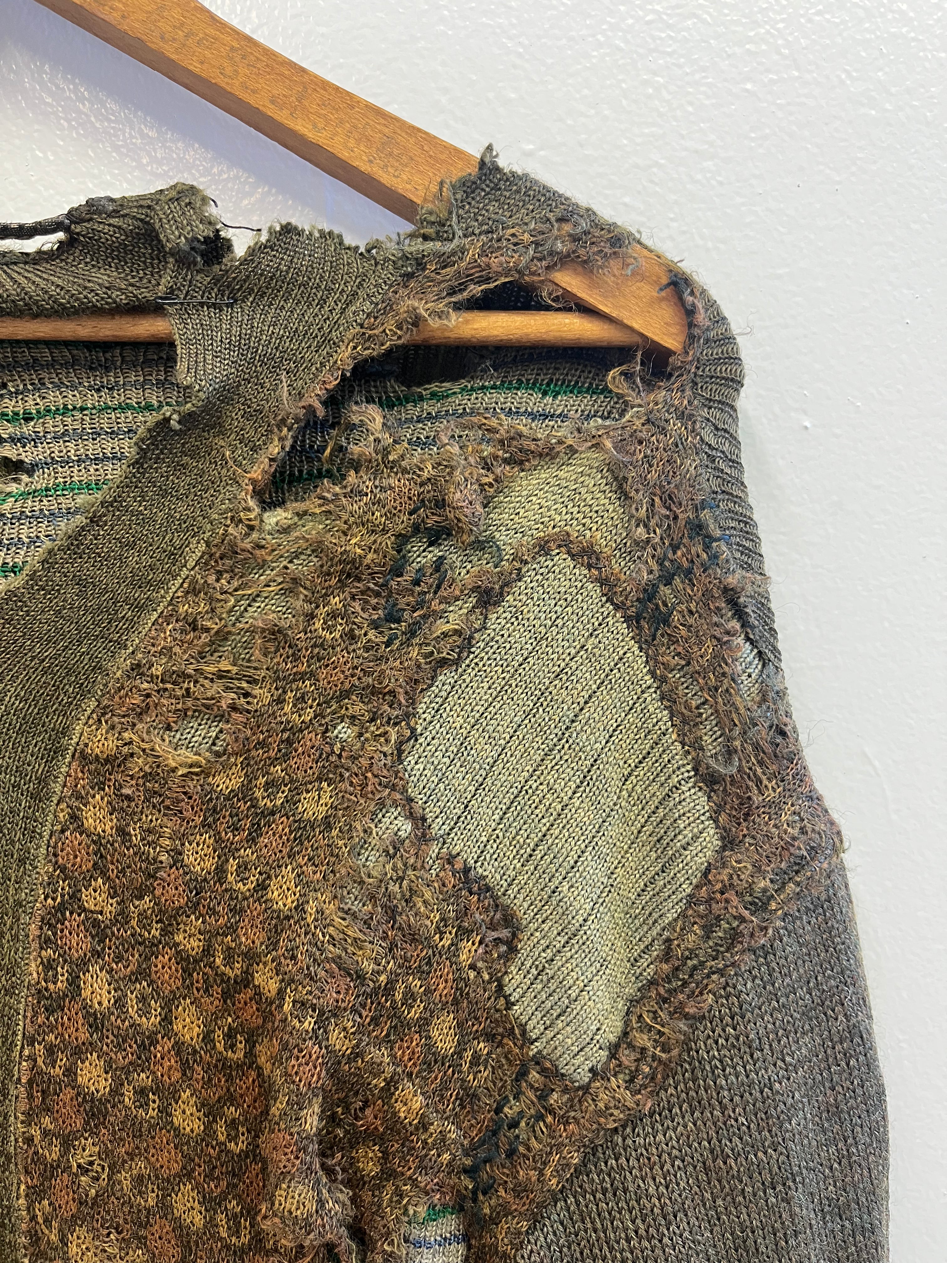 1910/20s German Thrashed Patchwork Wool Peasant's Cardigan Knit - Olive Green/Drab - M/L