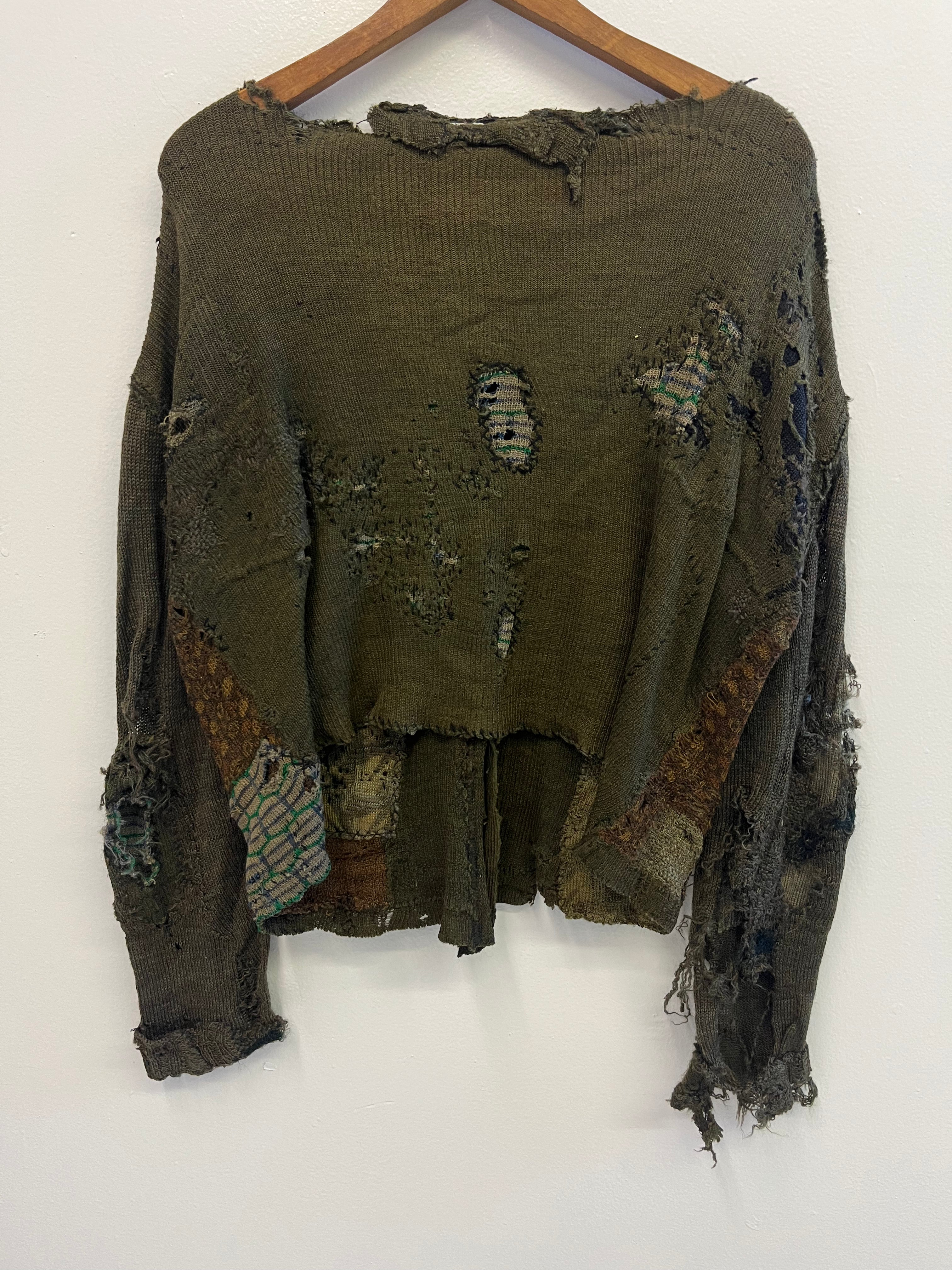 1910/20s German Thrashed Patchwork Wool Peasant's Cardigan Knit - Olive Green/Drab - M/L